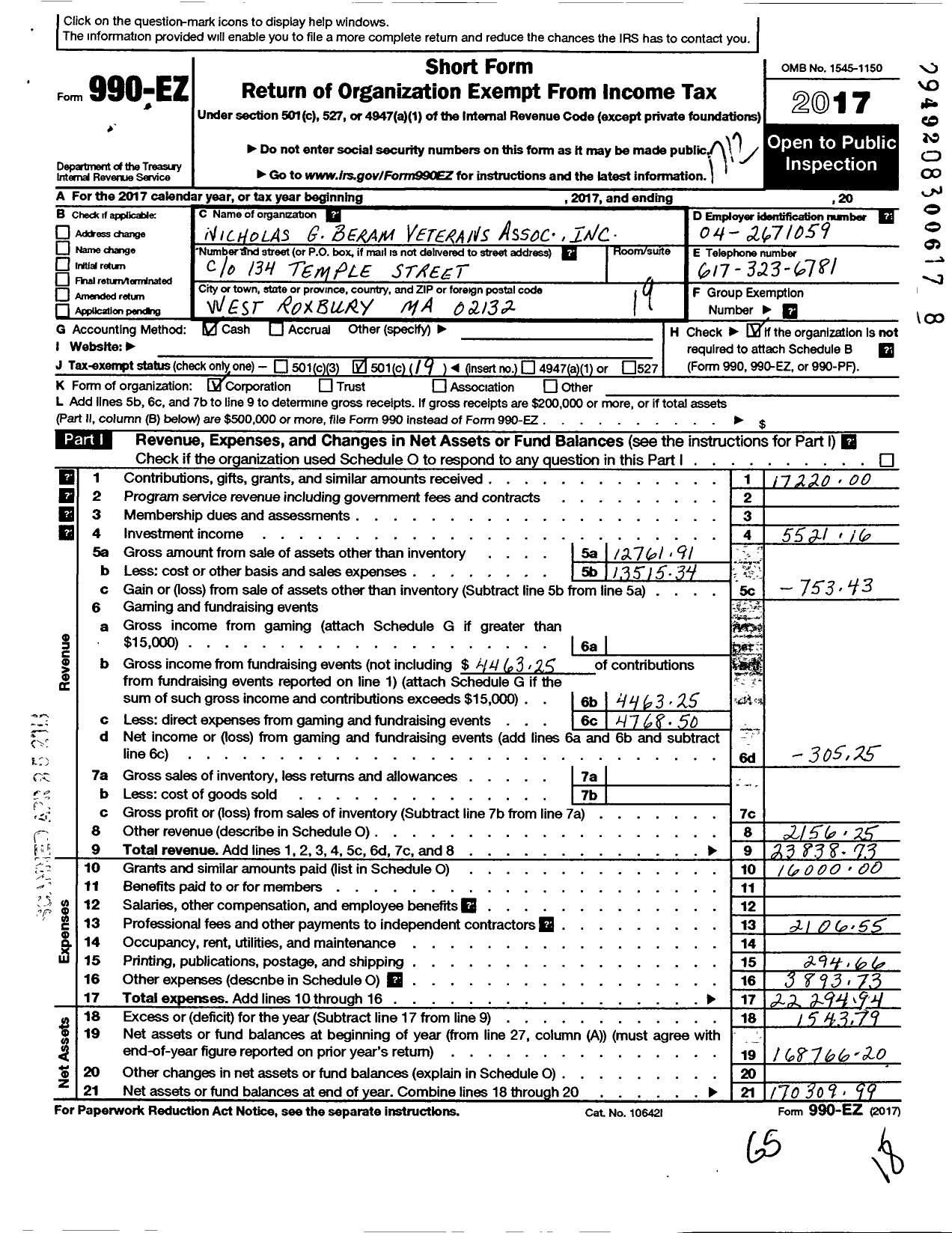 Image of first page of 2017 Form 990EO for Nicholas G Beram Veterans Association