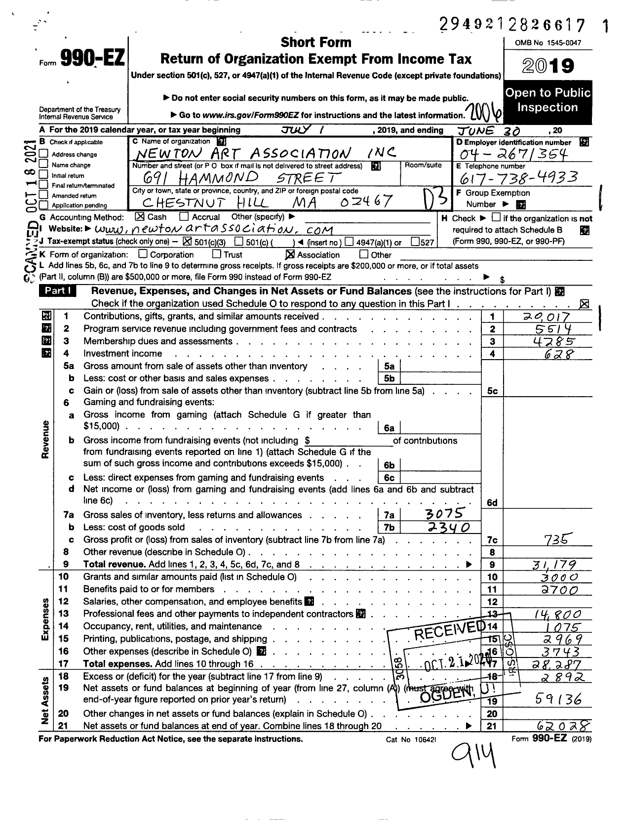 Image of first page of 2019 Form 990EZ for Newton Art Association