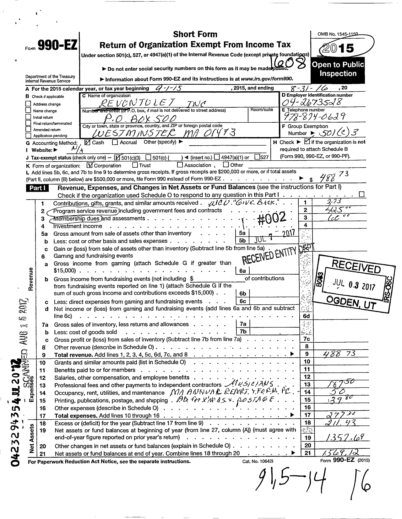 Image of first page of 2015 Form 990EZ for Revontulet