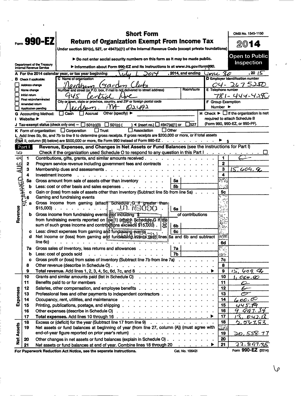 Image of first page of 2014 Form 990EO for Garden Club Federation of Massachusetts / Needham Garden Club