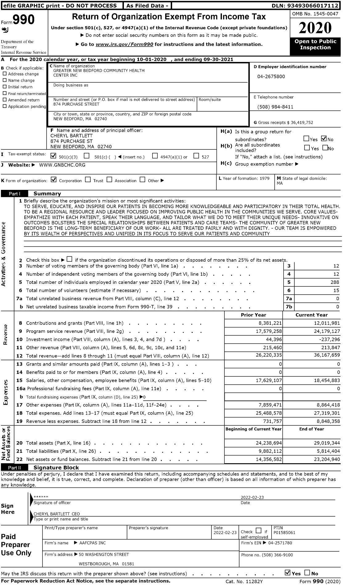 Image of first page of 2020 Form 990 for Greater New Bedford Community Health Center