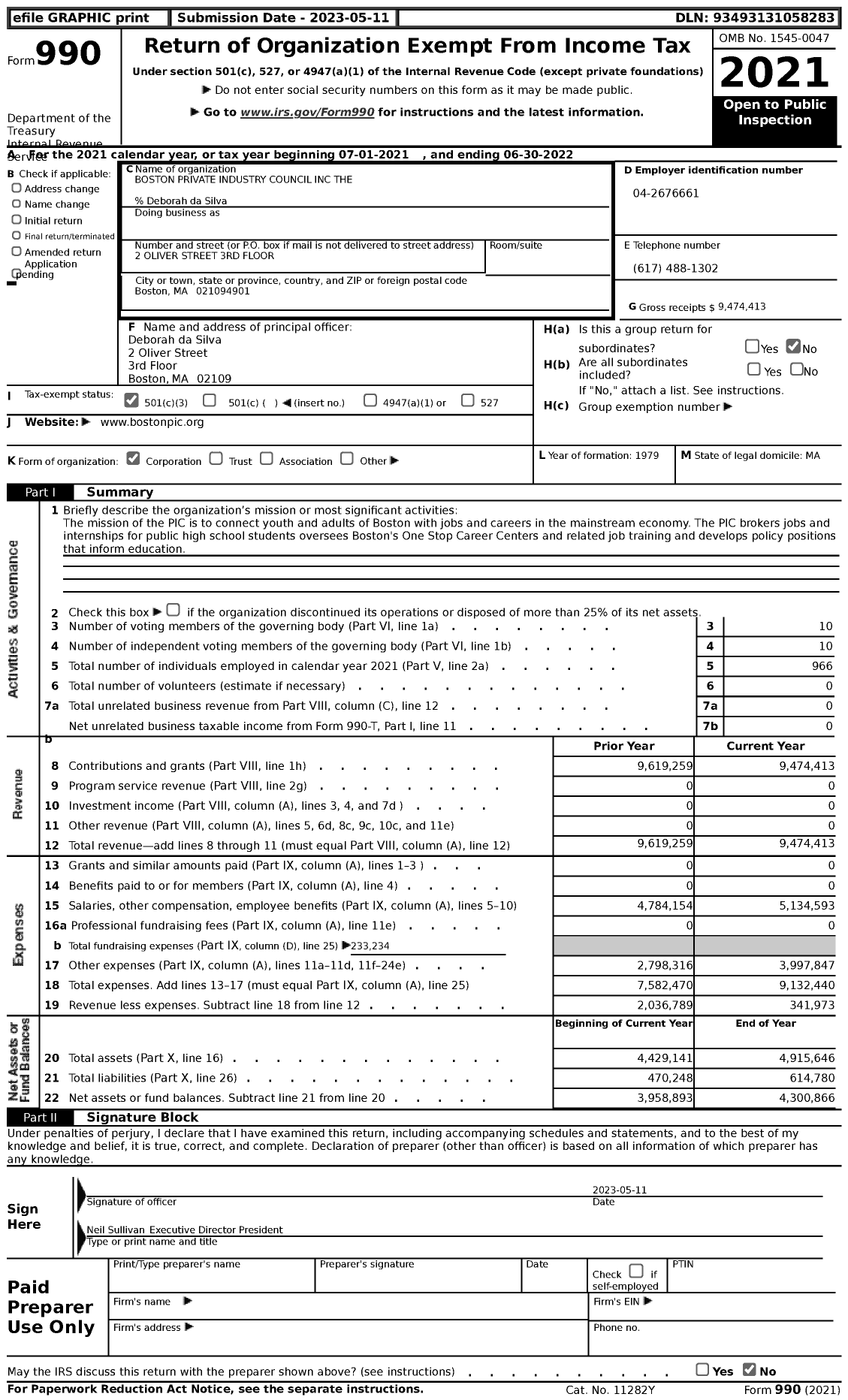 Image of first page of 2021 Form 990 for Boston Private Industry Council