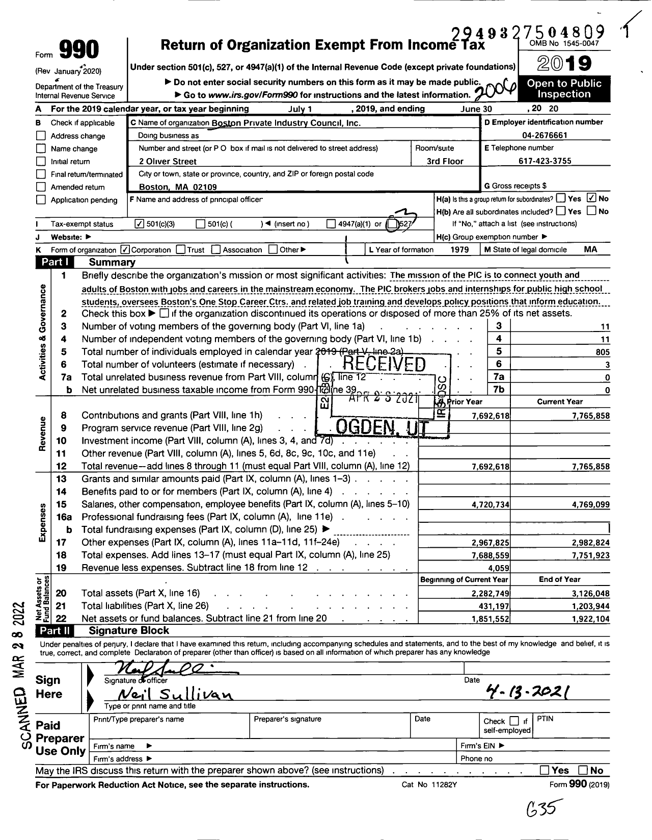 Image of first page of 2019 Form 990 for Boston Private Industry Council