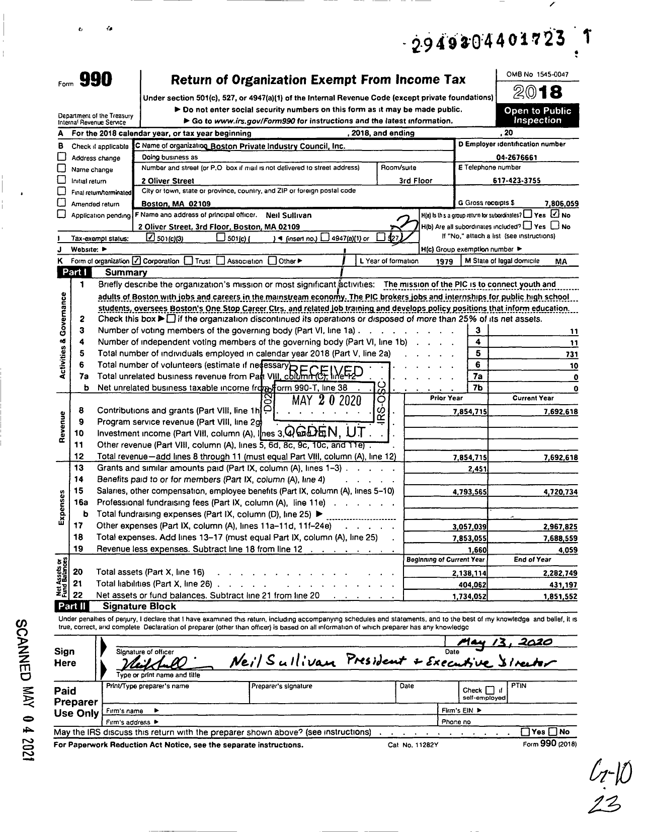 Image of first page of 2018 Form 990 for Boston Private Industry Council