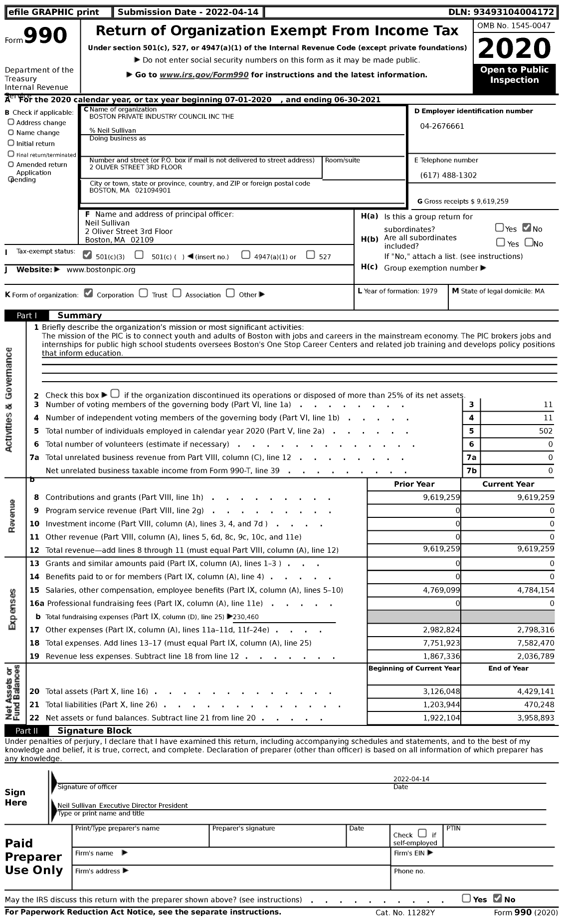 Image of first page of 2020 Form 990 for Boston Private Industry Council