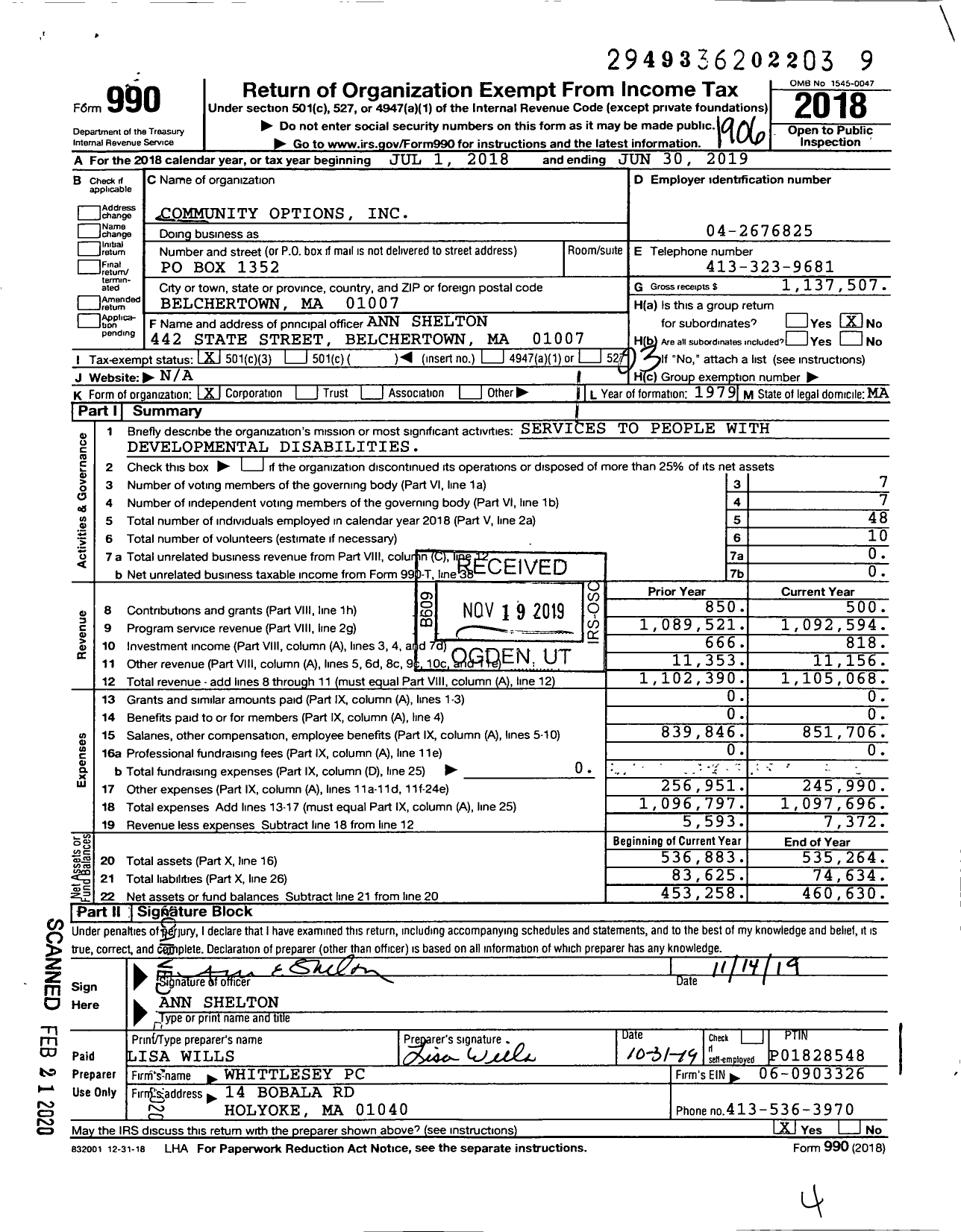 Image of first page of 2018 Form 990 for Community Options