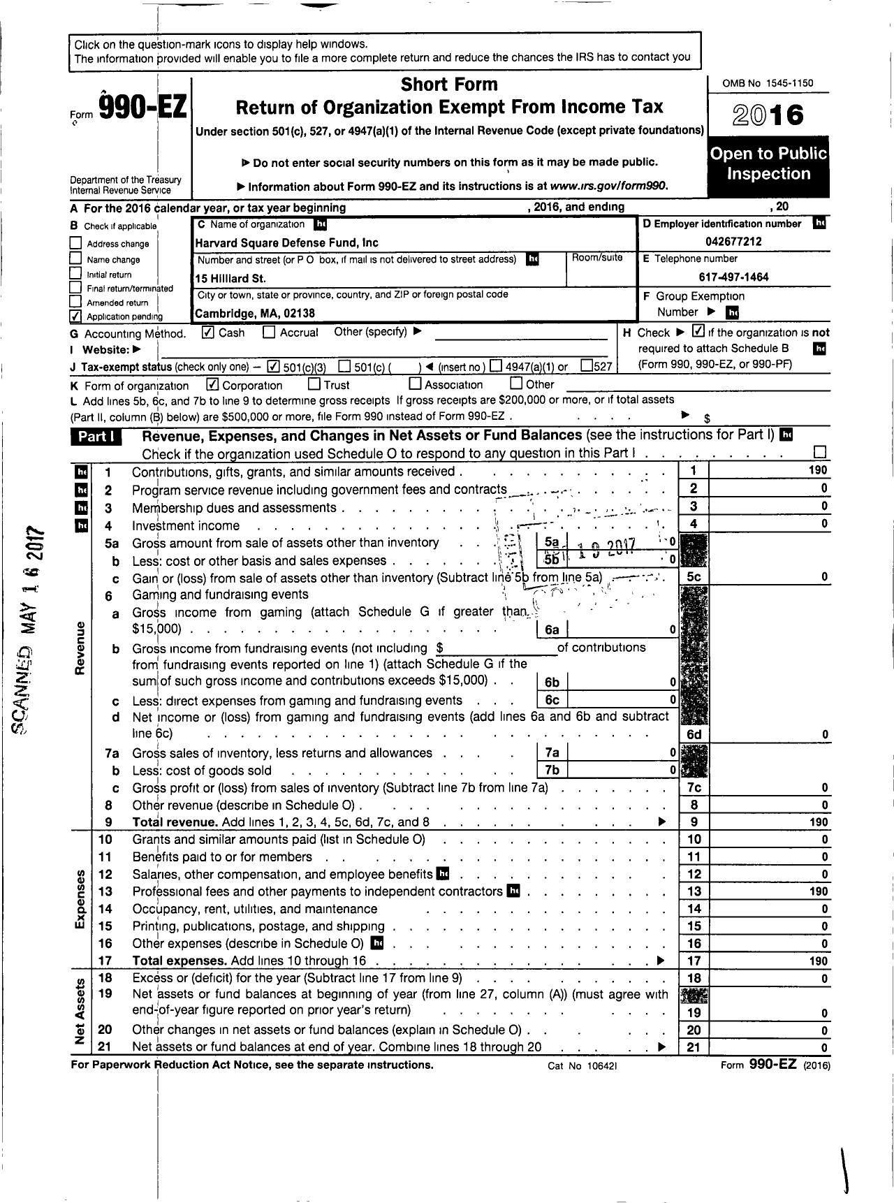 Image of first page of 2016 Form 990EZ for Harvard Square Defense Fund