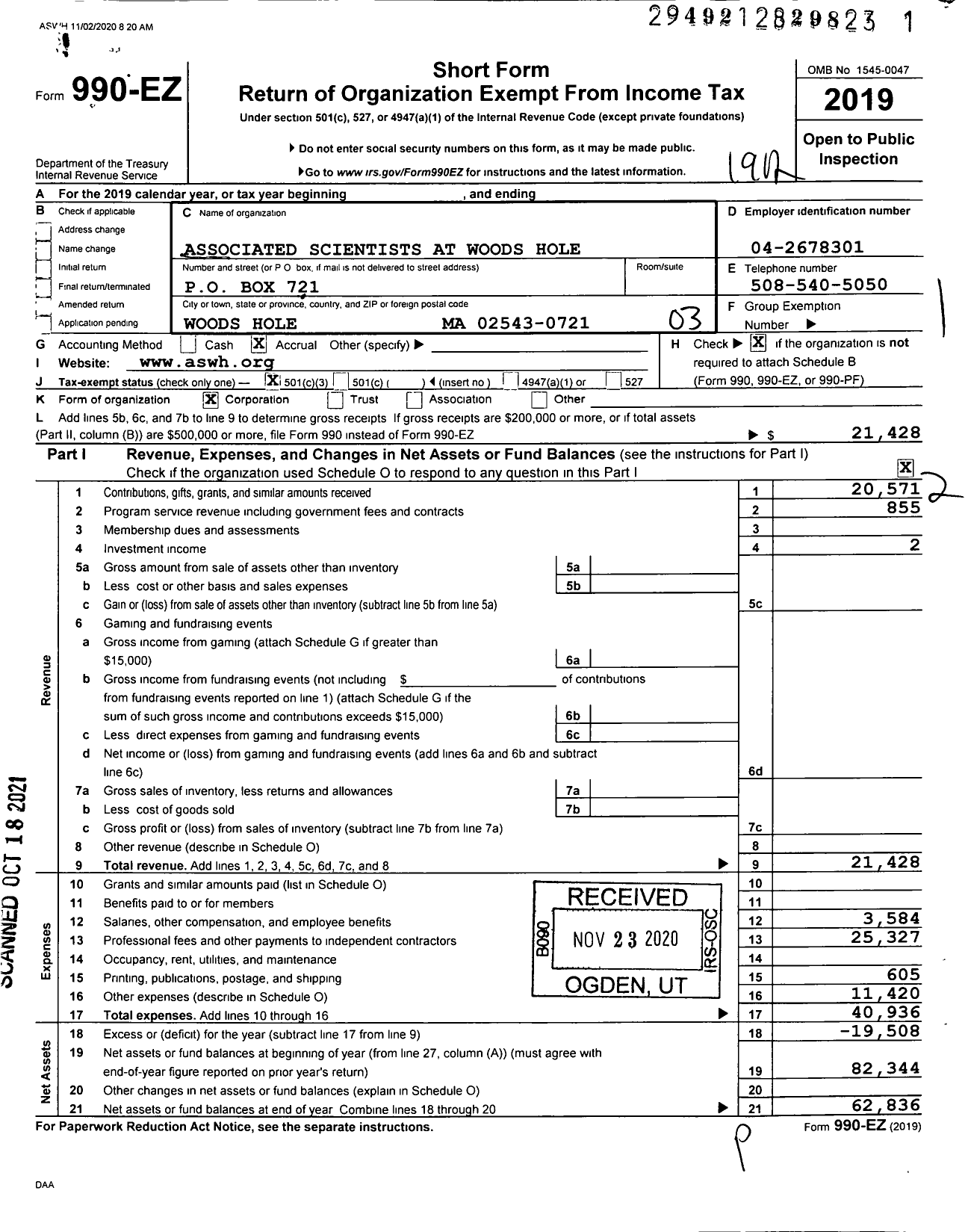 Image of first page of 2019 Form 990EZ for Associated Scientists at Woods Hole