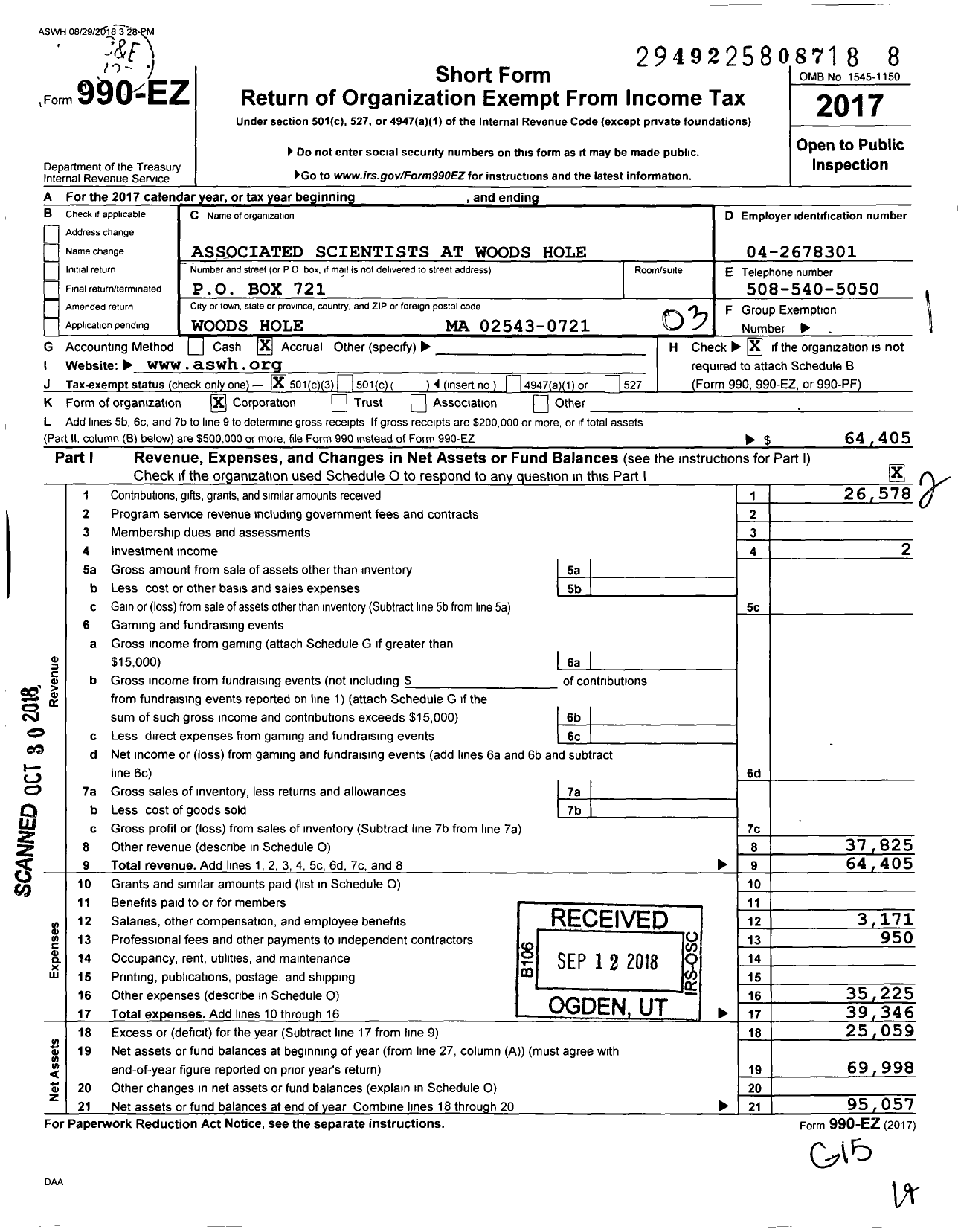 Image of first page of 2017 Form 990EZ for Associated Scientists at Woods Hole