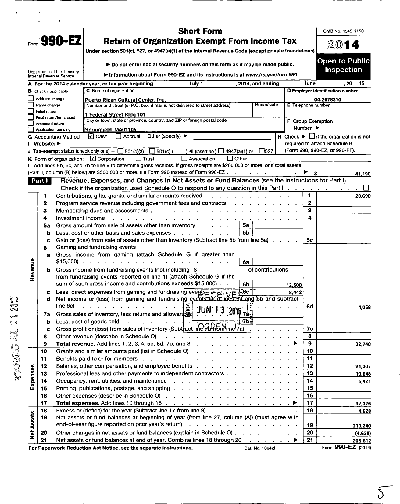 Image of first page of 2014 Form 990EO for Puerto Rican Cultural Center