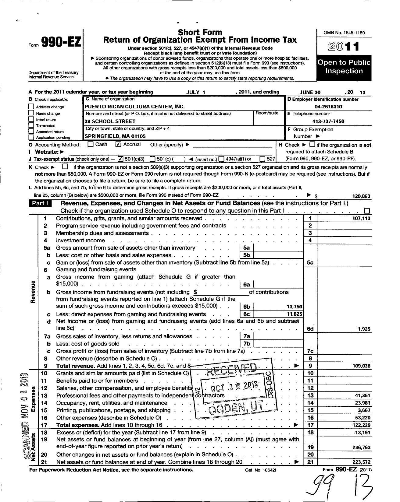 Image of first page of 2012 Form 990EZ for Puerto Rican Cultural Center