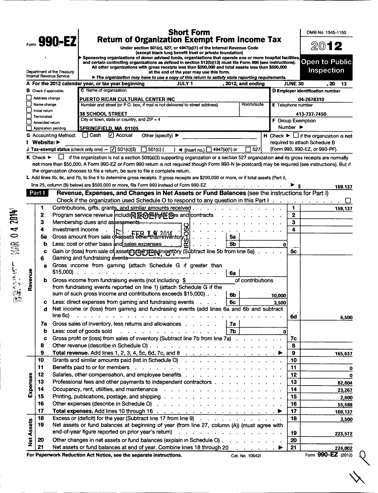 Image of first page of 2012 Form 990EZ for Puerto Rican Cultural Center