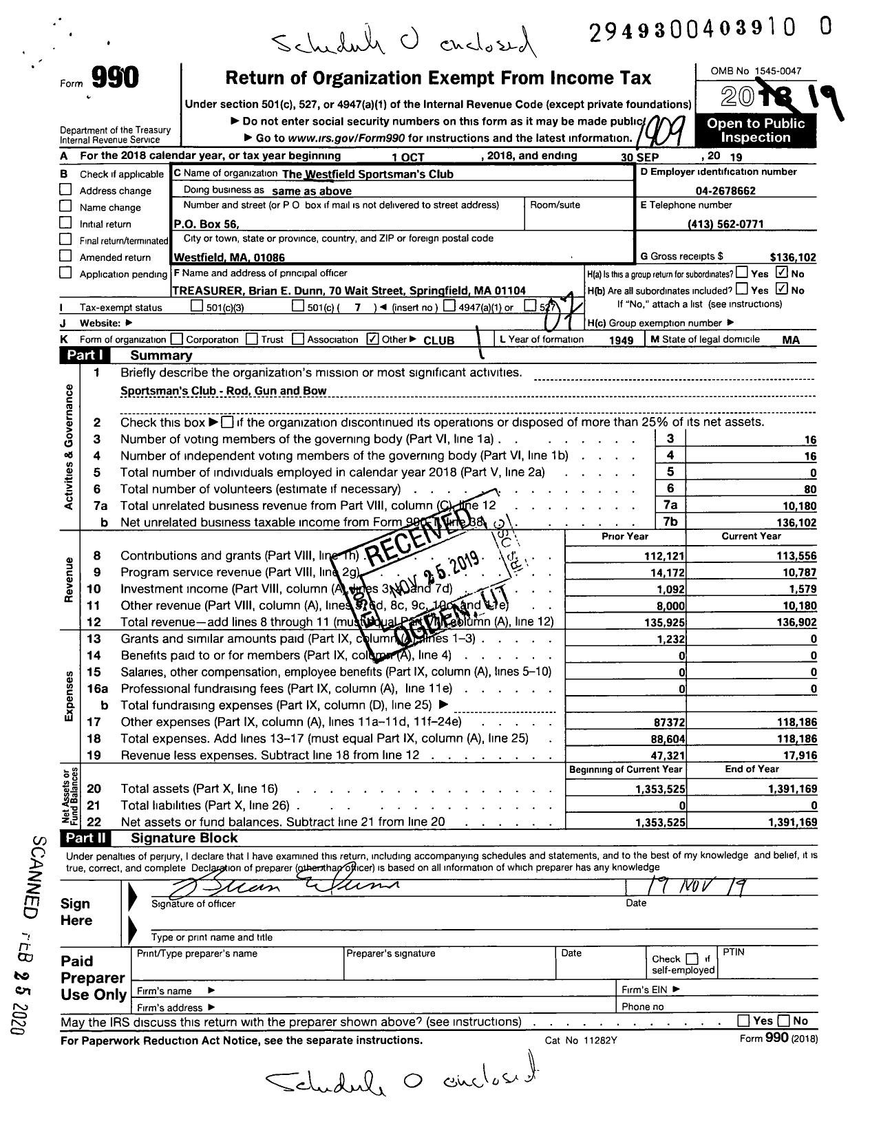 Image of first page of 2018 Form 990O for The Westfield Sportsmans Club