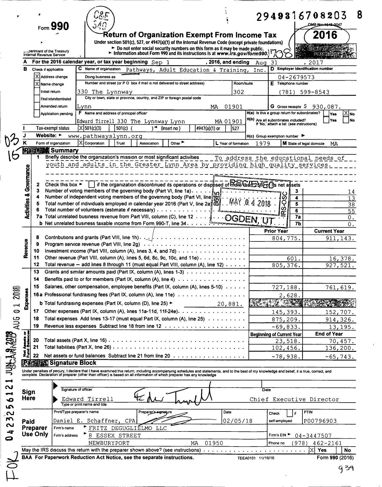 Image of first page of 2016 Form 990 for Pathways Adult Education and Training