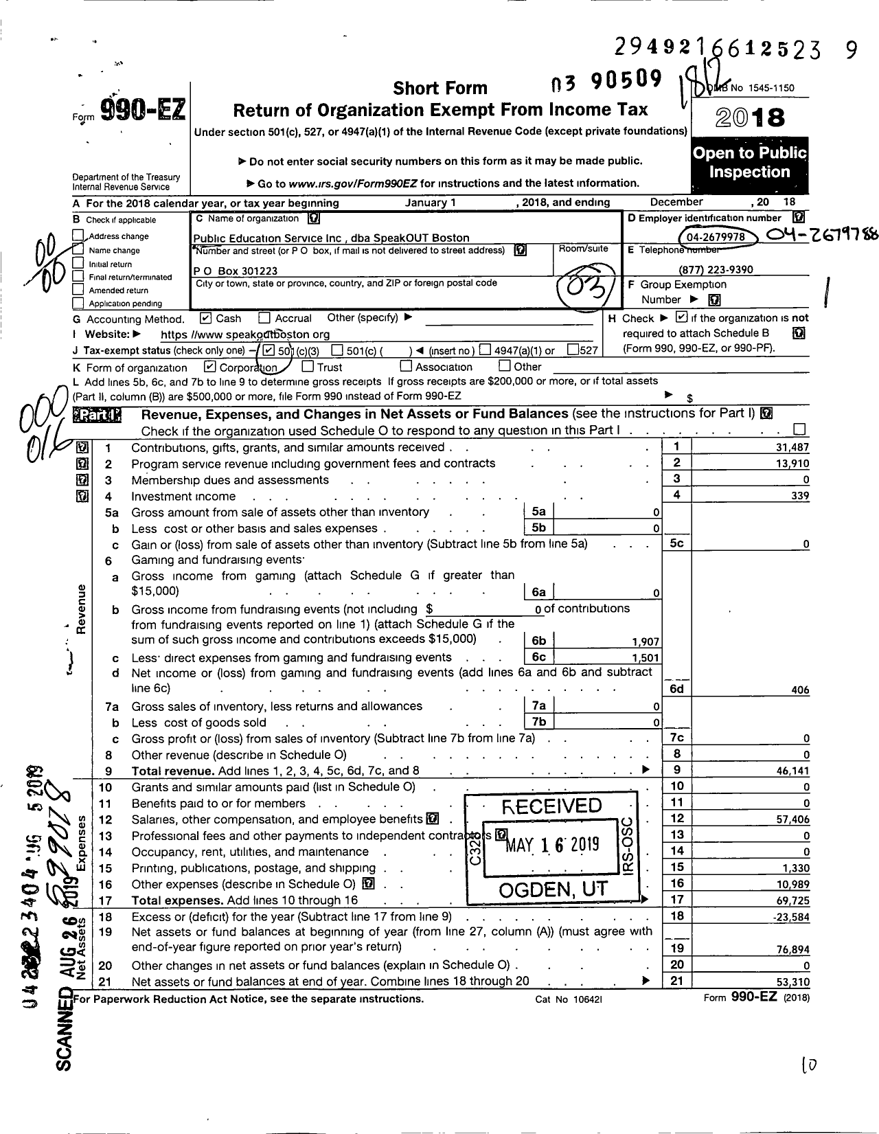 Image of first page of 2018 Form 990EO for Speakout / Public Education Services