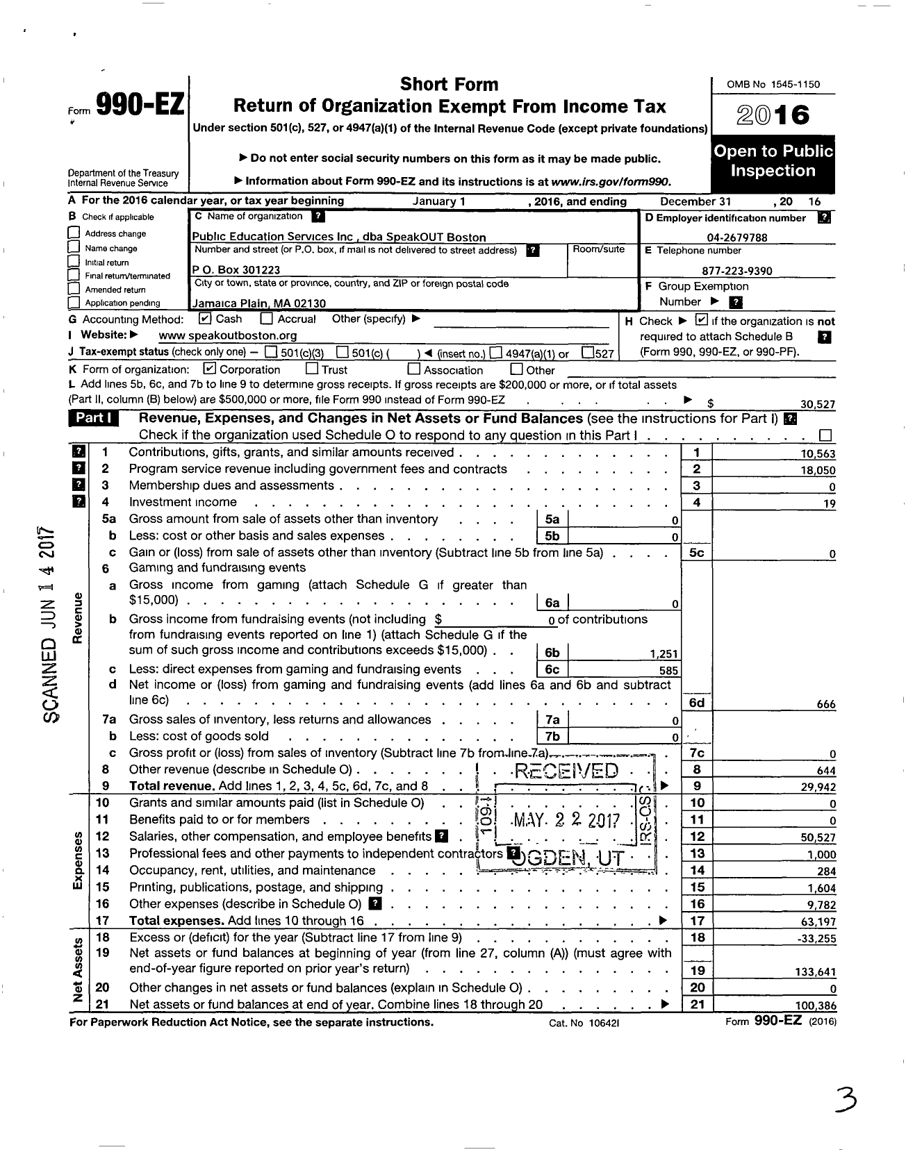 Image of first page of 2016 Form 990EO for Speakout / Public Education Services