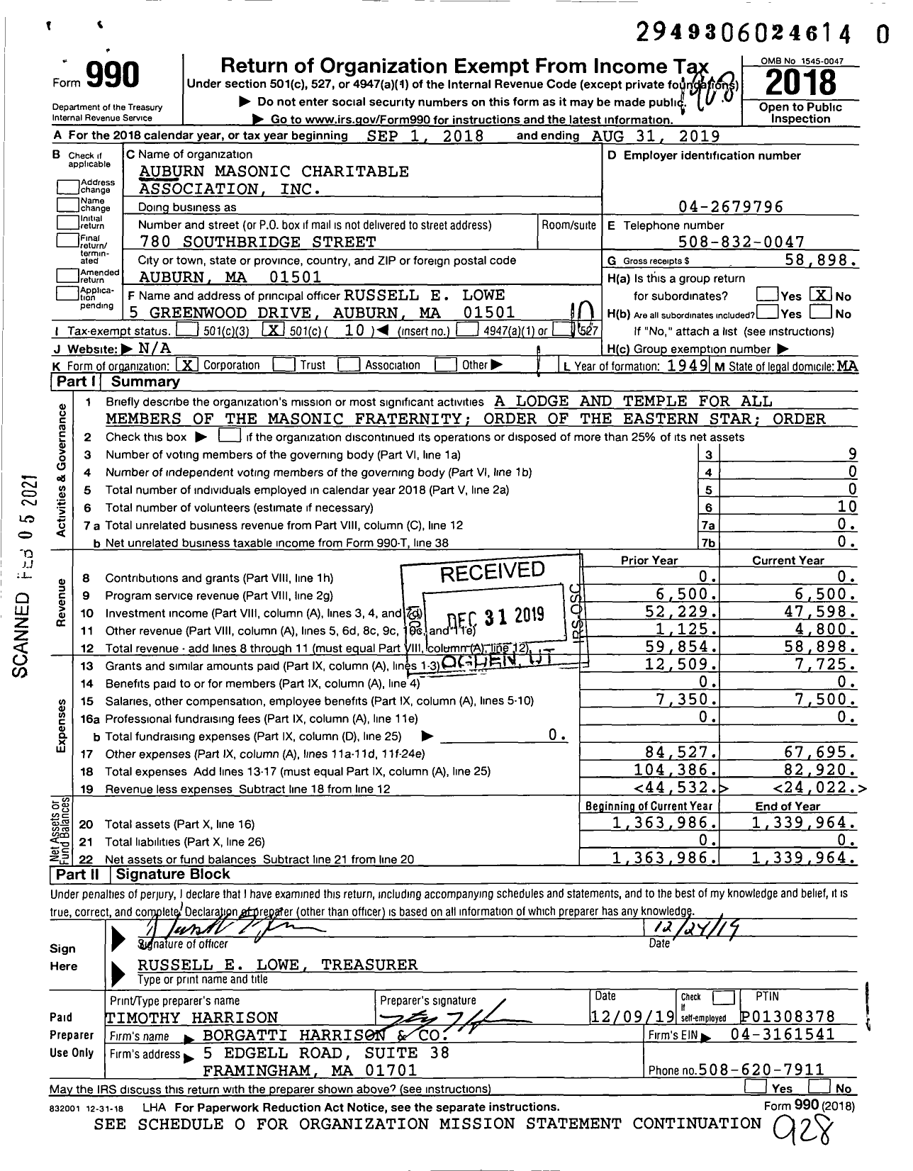 Image of first page of 2018 Form 990O for Massachusetts Freemasons - Auburn Masonic Charitable Assoc