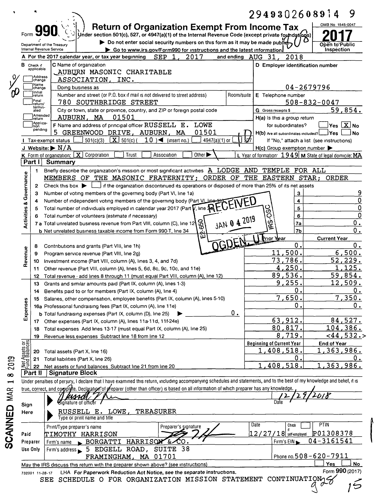 Image of first page of 2017 Form 990O for Massachusetts Freemasons - Auburn Masonic Charitable Assoc