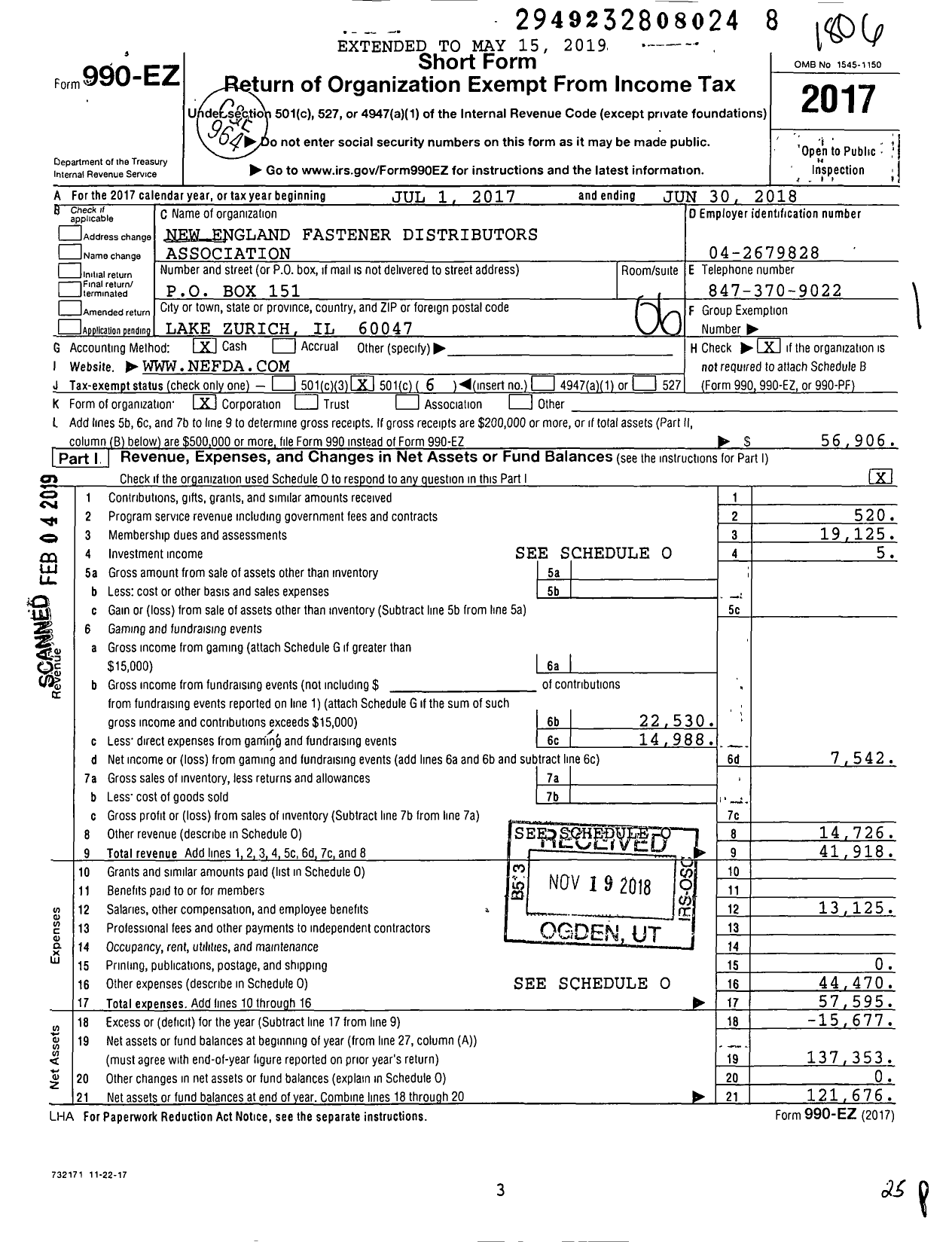 Image of first page of 2017 Form 990EO for New England Fastener Distributors Association