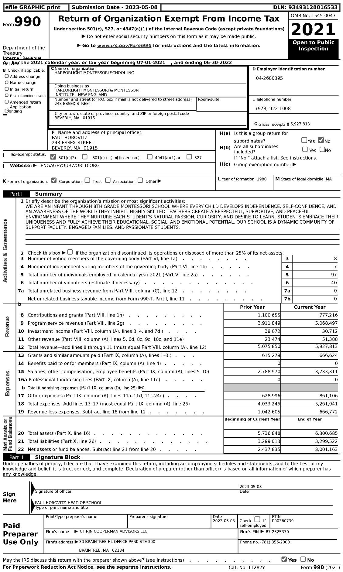 Image of first page of 2021 Form 990 for Harborlight Montessori