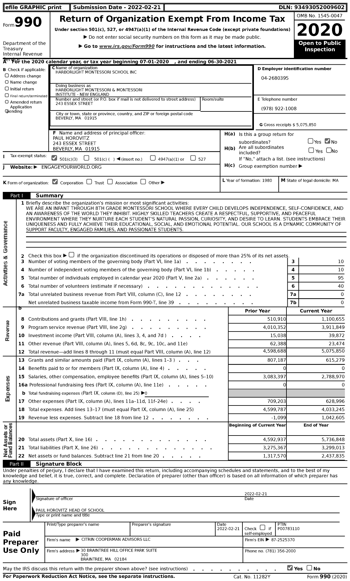 Image of first page of 2020 Form 990 for Harborlight Montessori