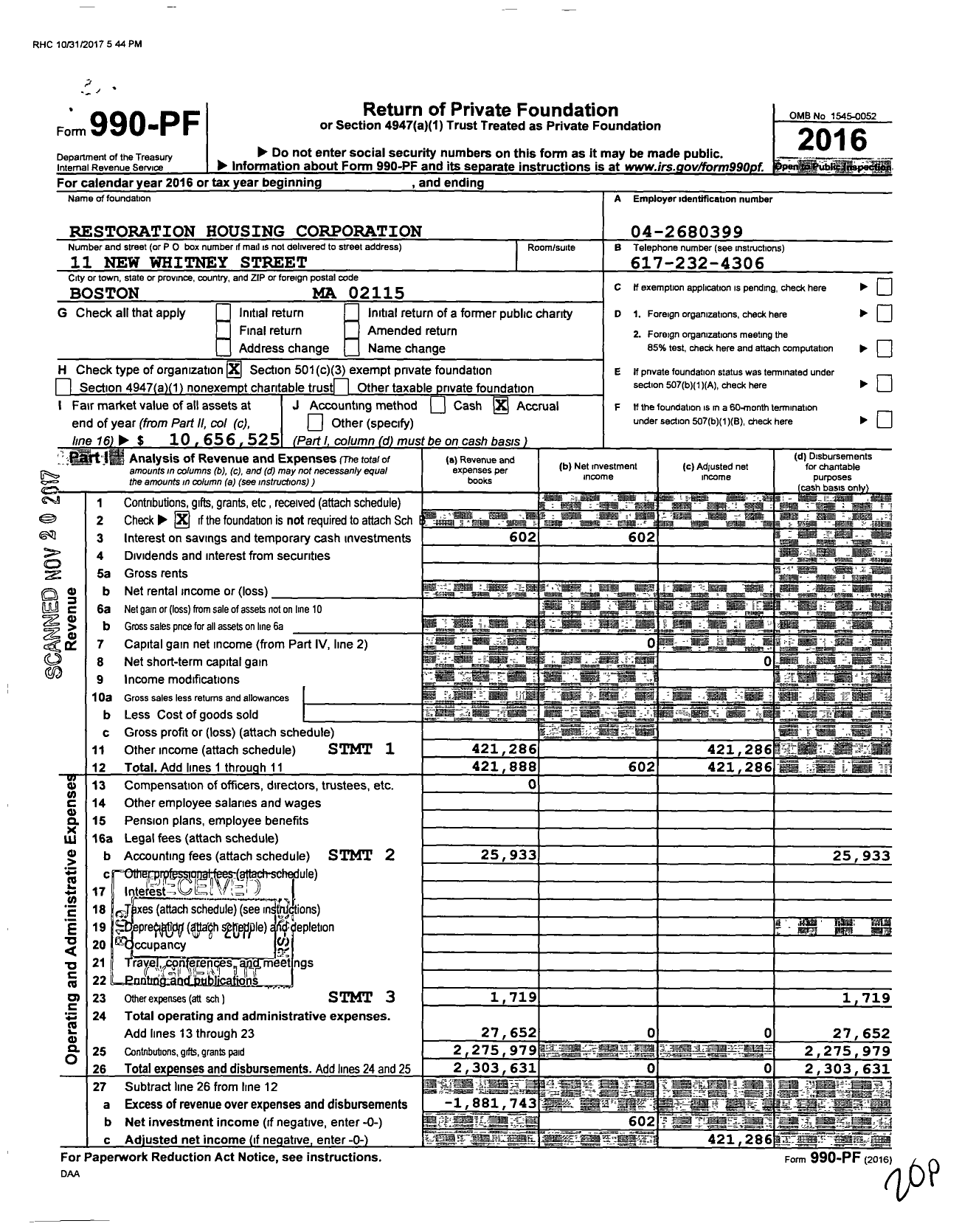 Image of first page of 2016 Form 990PF for Restoration Housing Corporation