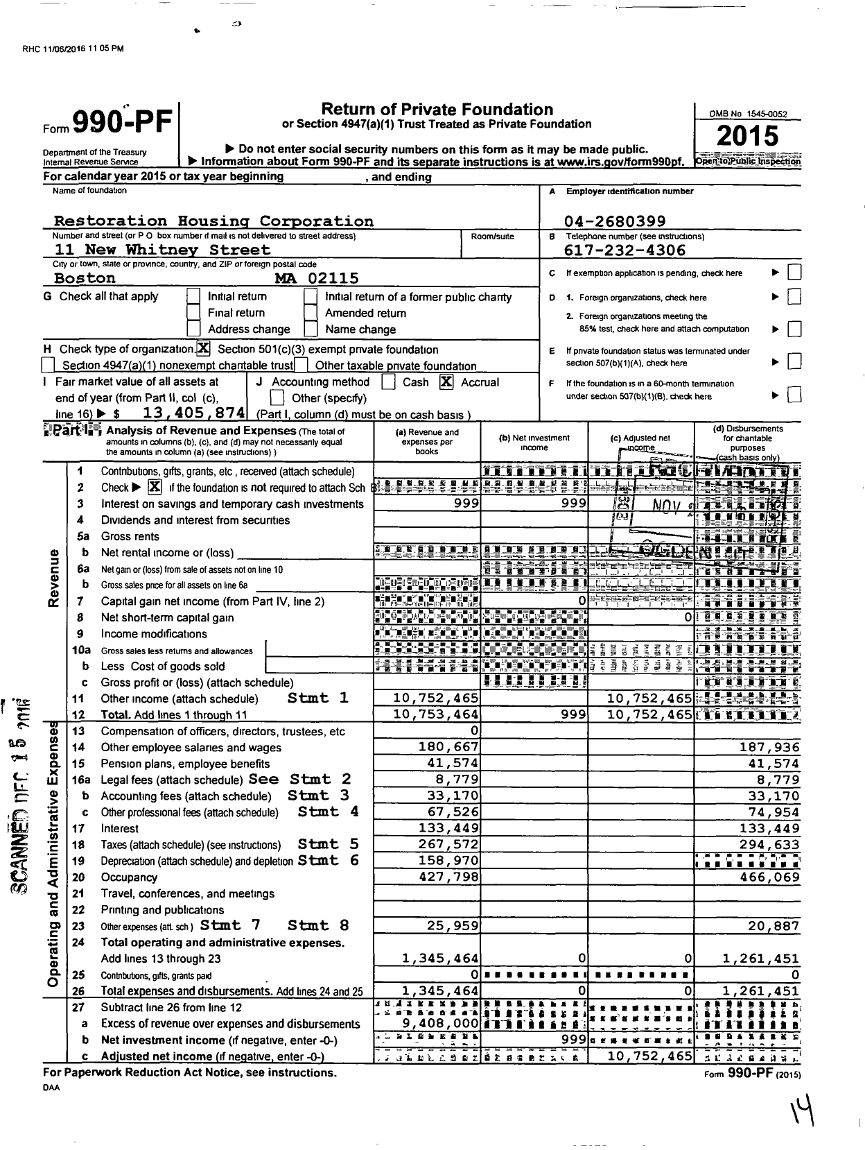 Image of first page of 2015 Form 990PF for Restoration Housing Corporation