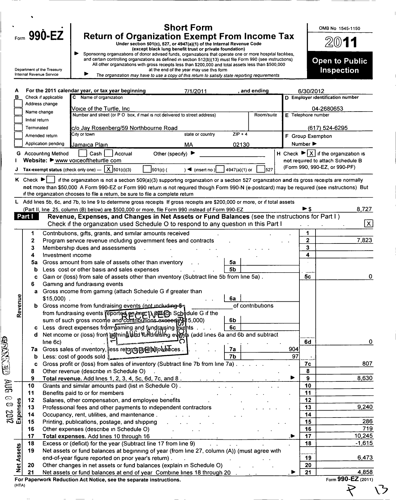 Image of first page of 2011 Form 990EZ for Voice of the Turtle