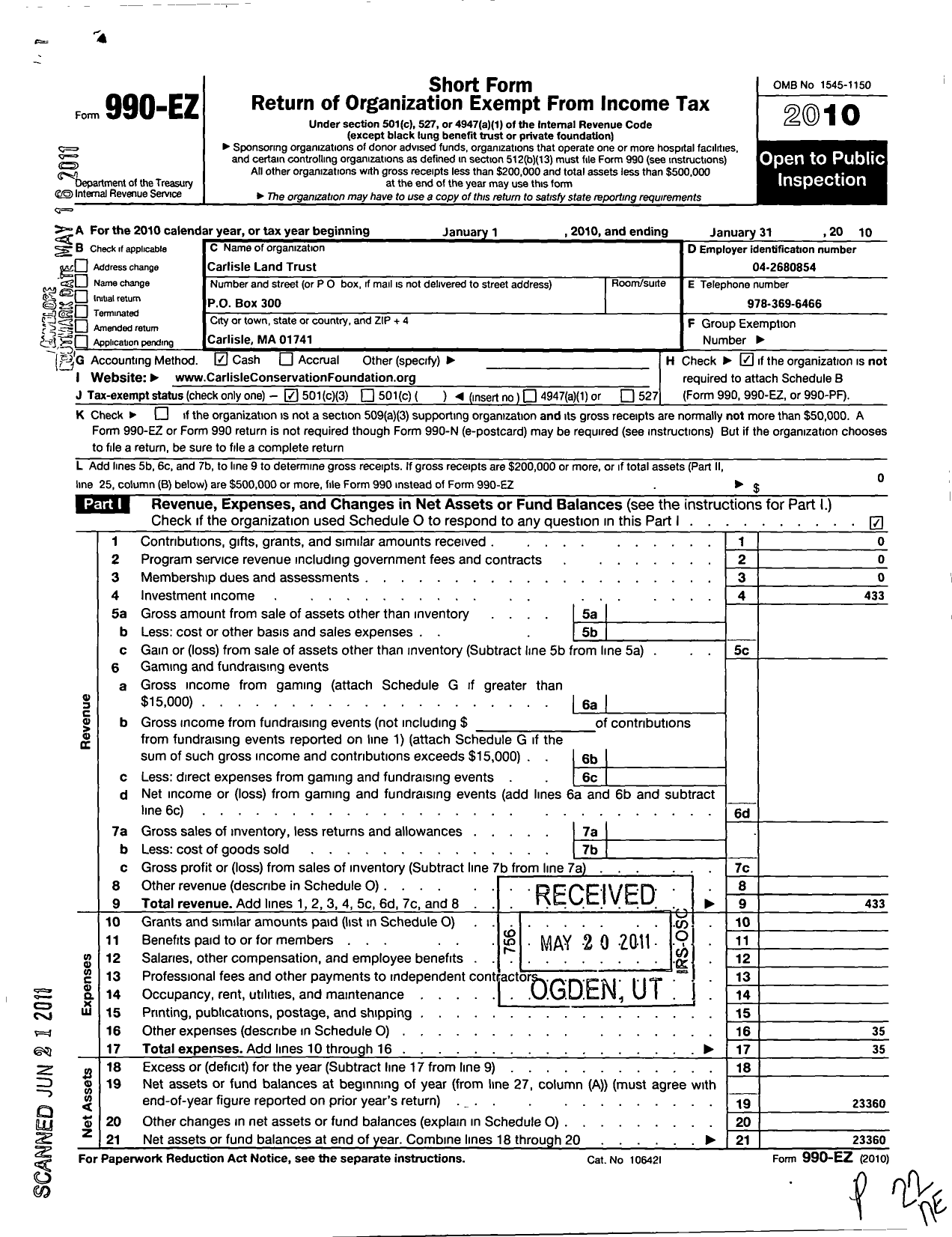 Image of first page of 2009 Form 990EZ for Carlisle Land Trust