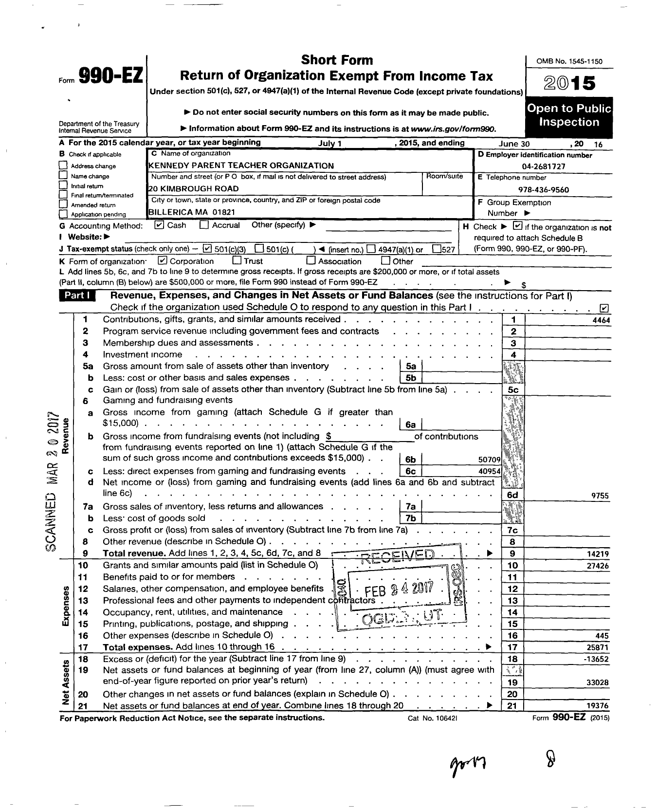 Image of first page of 2015 Form 990EZ for Kennedy Parent Teacher Organization