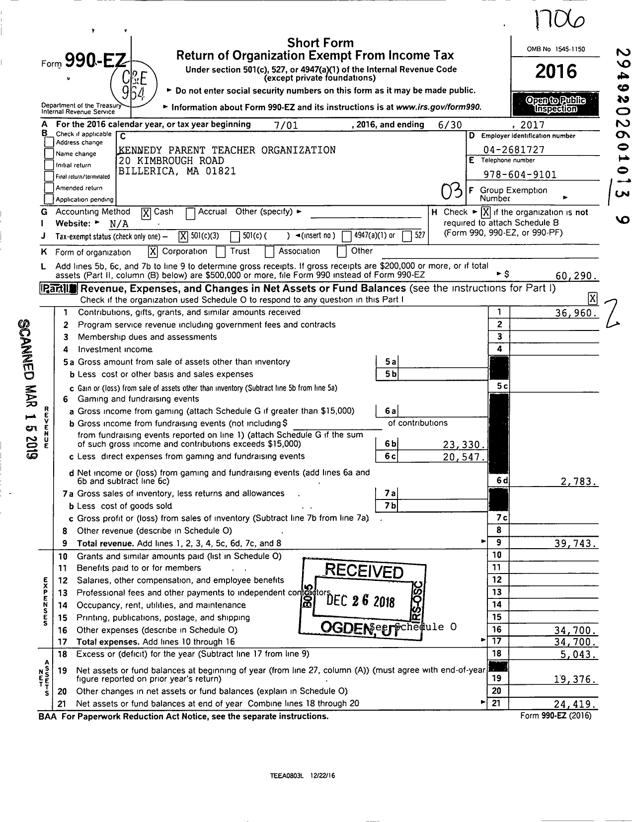 Image of first page of 2016 Form 990EZ for Kennedy Parent Teacher Organization