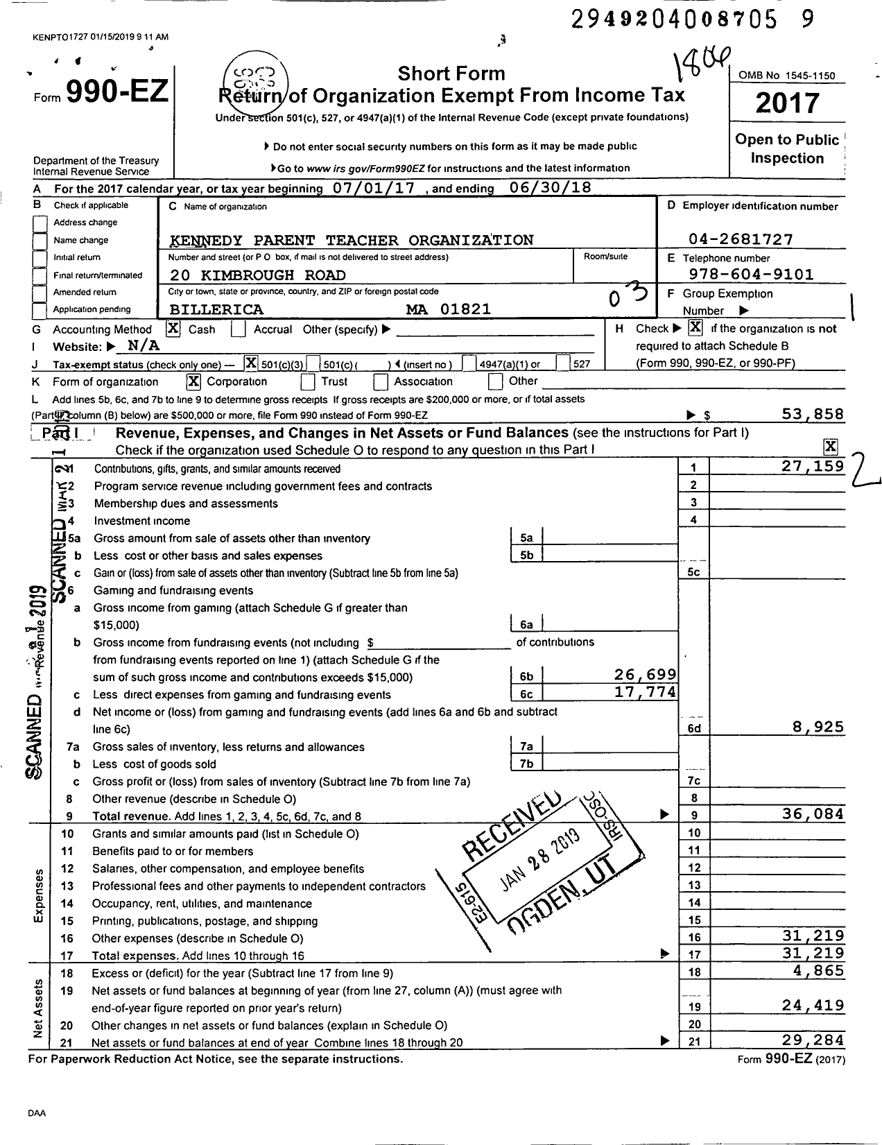 Image of first page of 2017 Form 990EZ for Kennedy Parent Teacher Organization