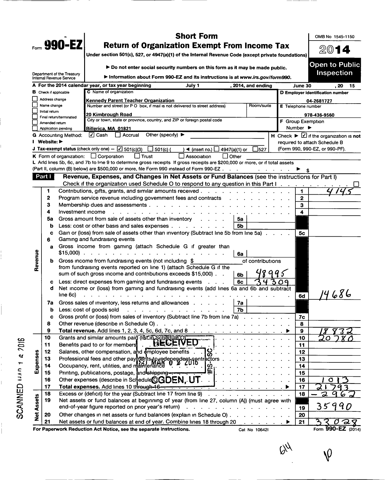 Image of first page of 2014 Form 990EZ for Kennedy Parent Teacher Organization