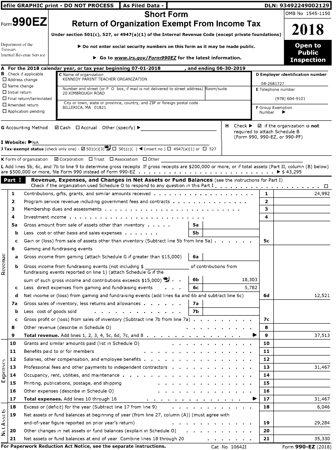 Image of first page of 2018 Form 990EZ for Kennedy Parent Teacher Organization