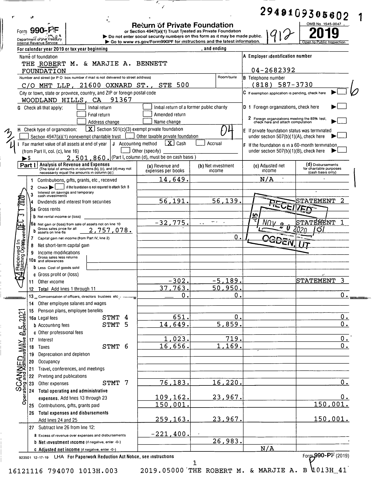 Image of first page of 2019 Form 990PF for The Robert M and Marjie A Bennett Foundation