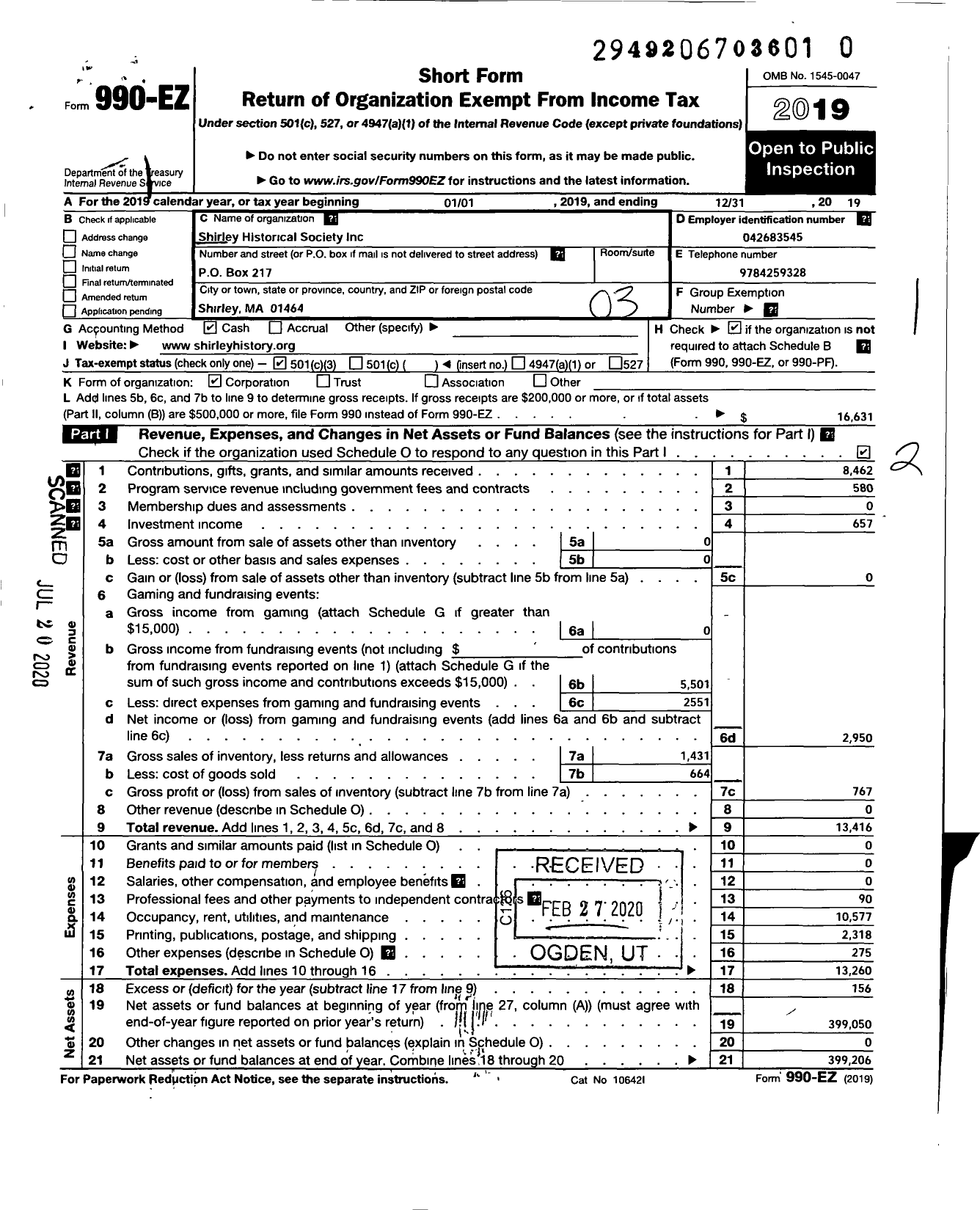 Image of first page of 2019 Form 990EZ for Shirley Historical Society