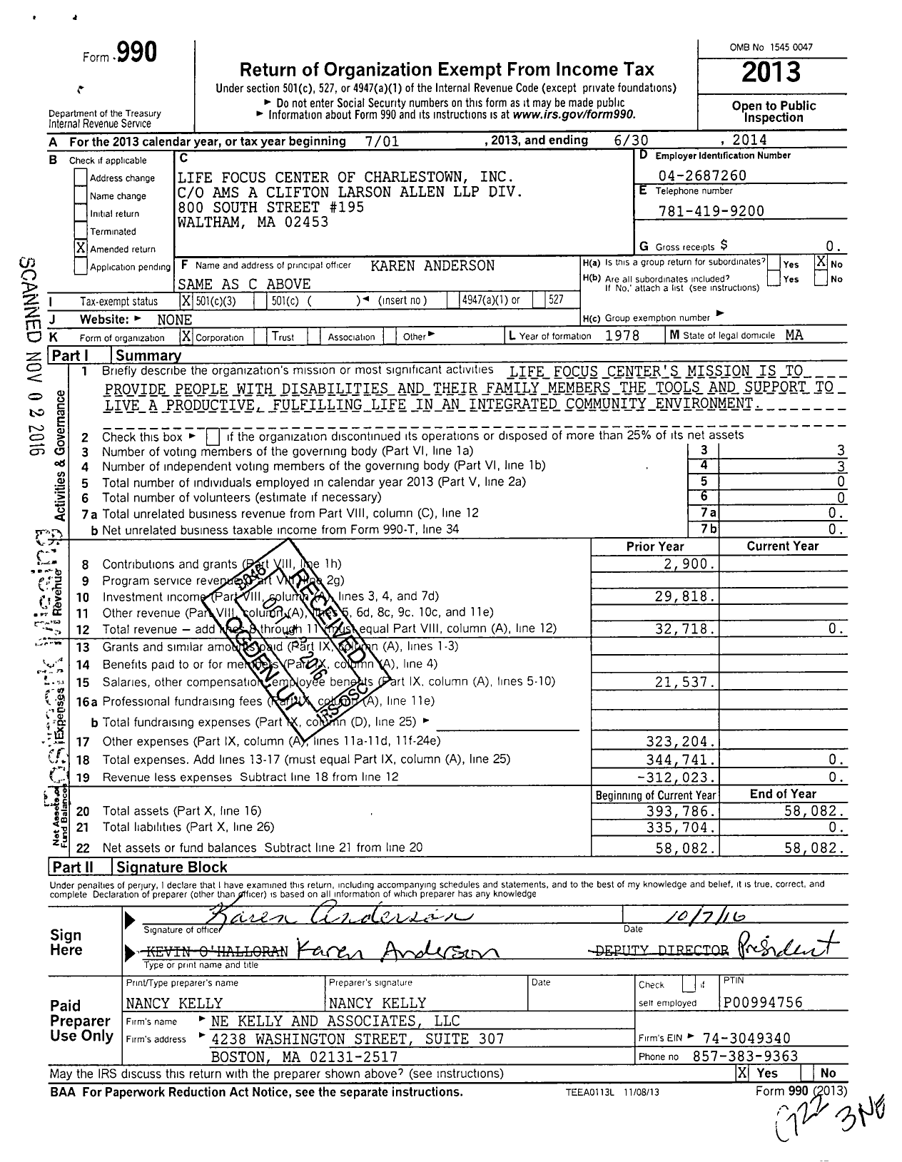 Image of first page of 2013 Form 990 for Life Focus Center of Charlestown