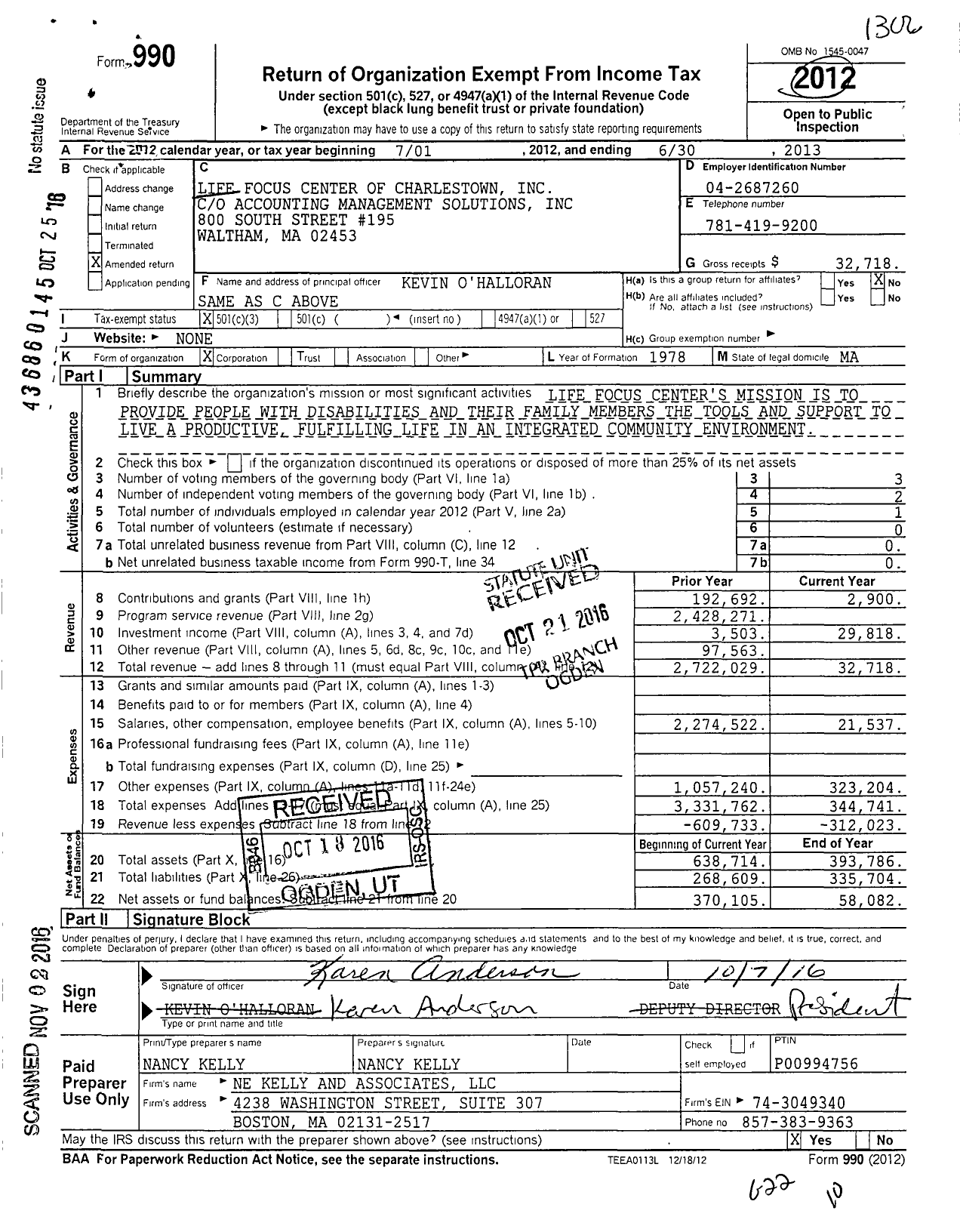 Image of first page of 2012 Form 990 for Life Focus Center of Charlestown