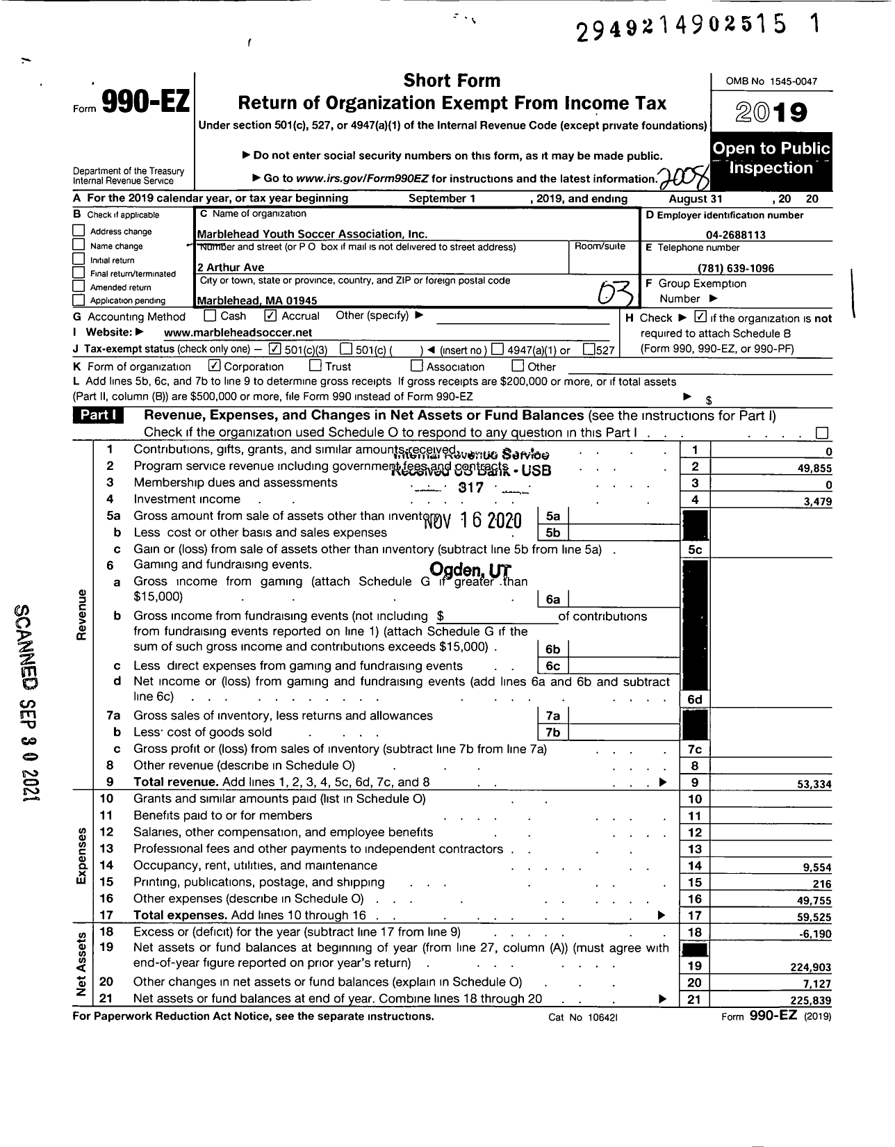 Image of first page of 2019 Form 990EZ for Marblehead Youth Soccer Association