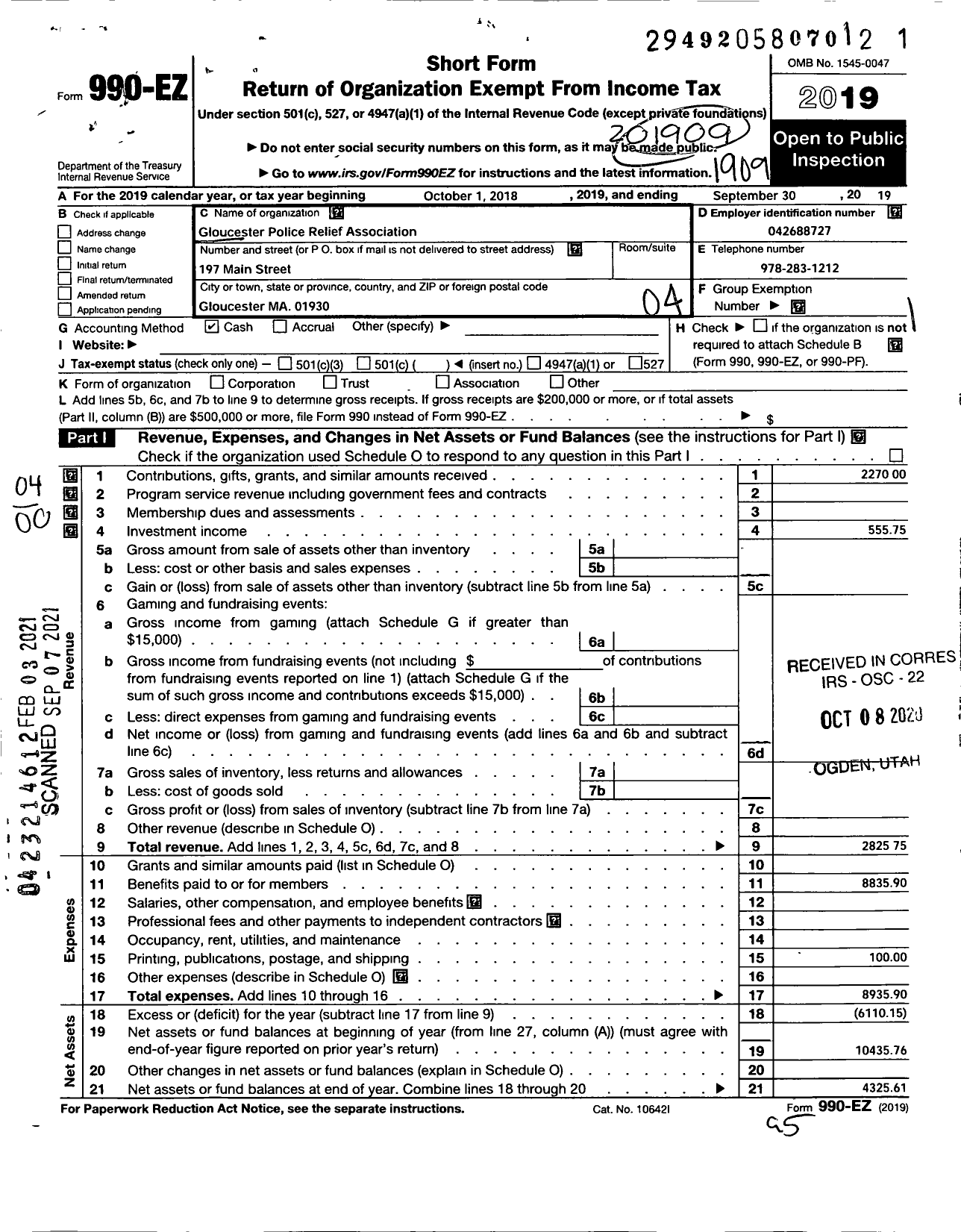 Image of first page of 2018 Form 990EO for Gloucester Police Relief Association