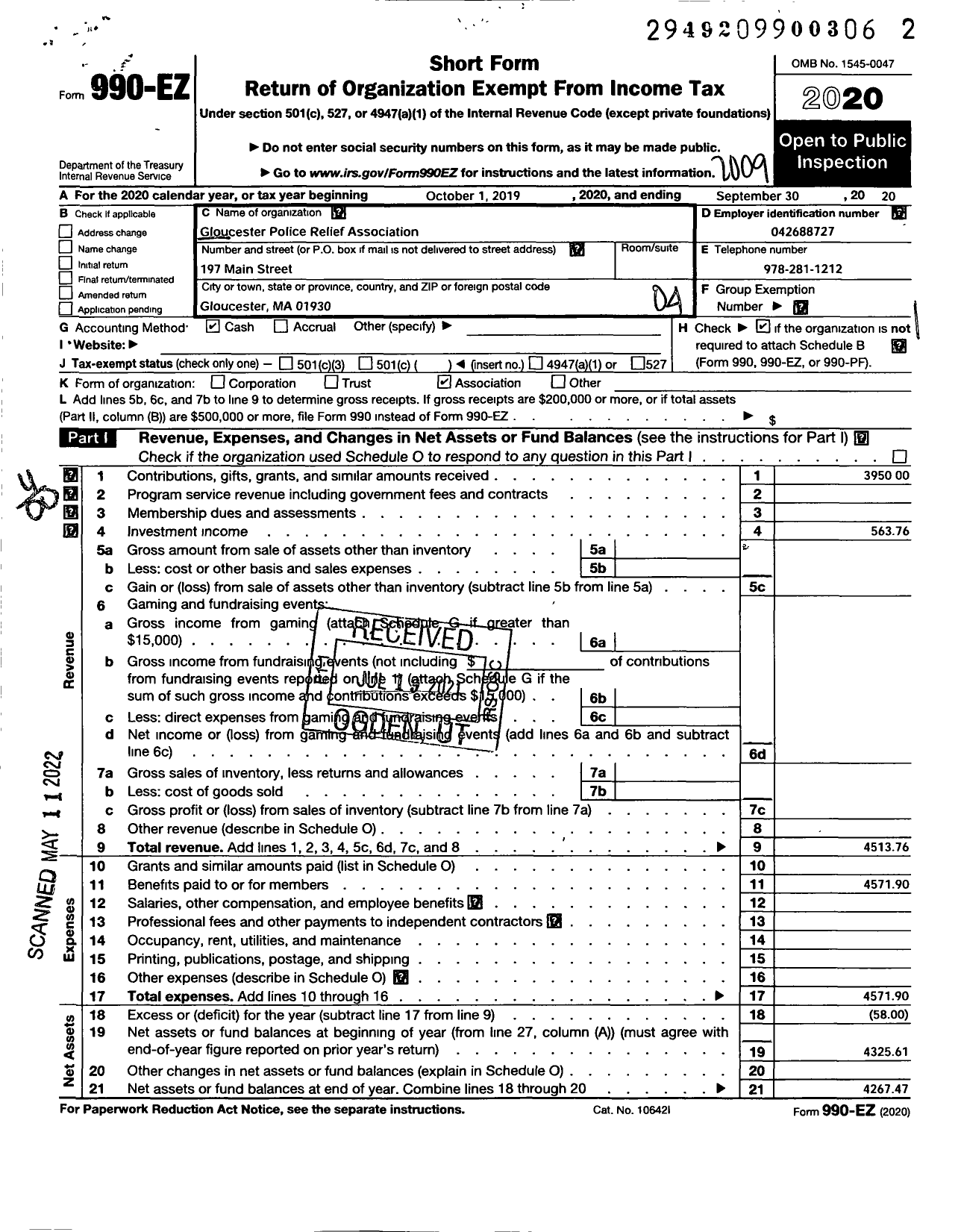 Image of first page of 2019 Form 990EO for Gloucester Police Relief Association