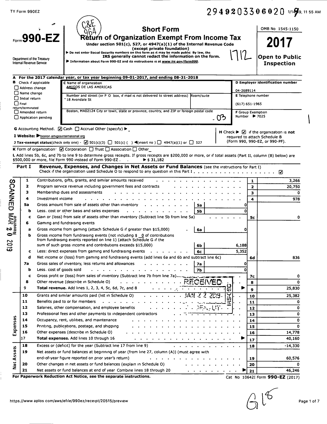 Image of first page of 2017 Form 990EZ for Amigos de Las Americas / Boston