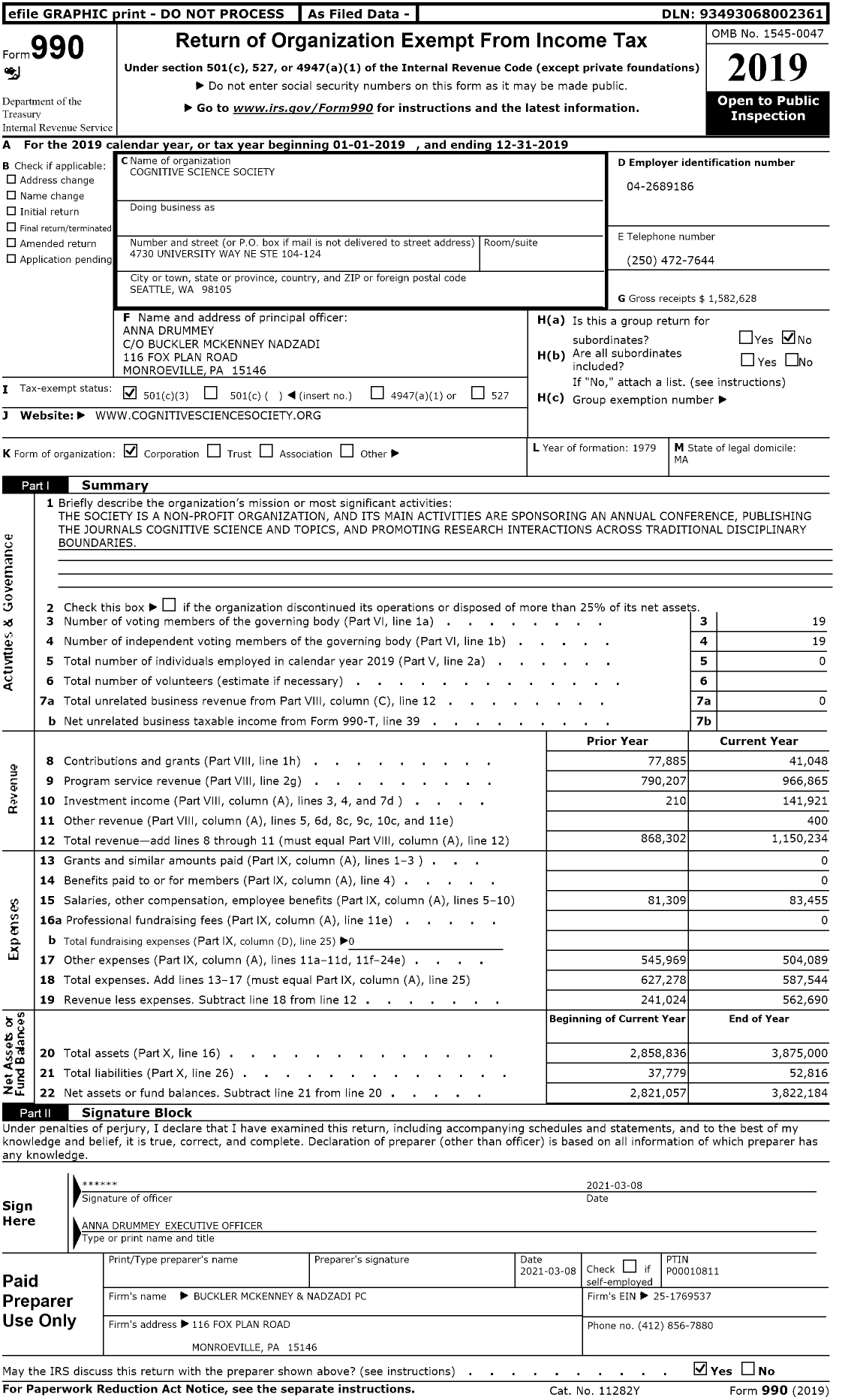 Image of first page of 2019 Form 990 for Cognitive Science Society