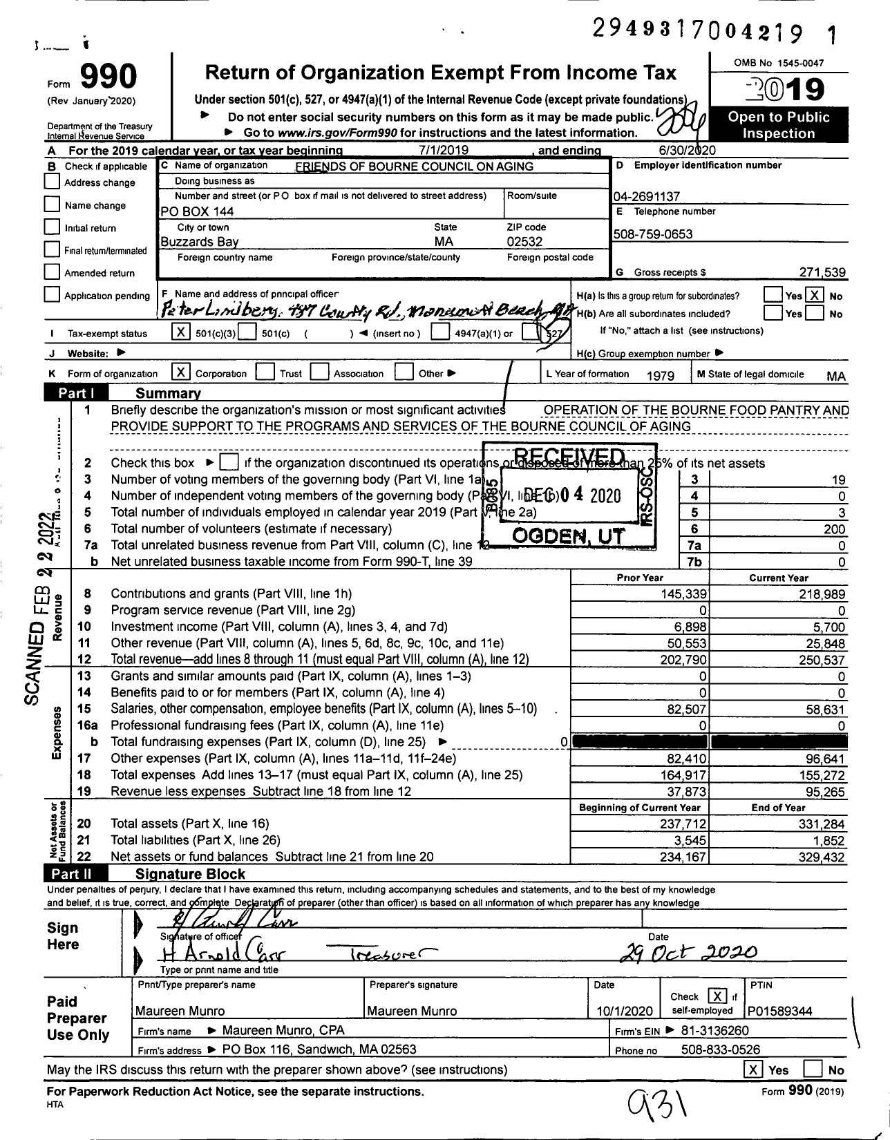 Image of first page of 2019 Form 990 for Friends of Bourne Council on Aging