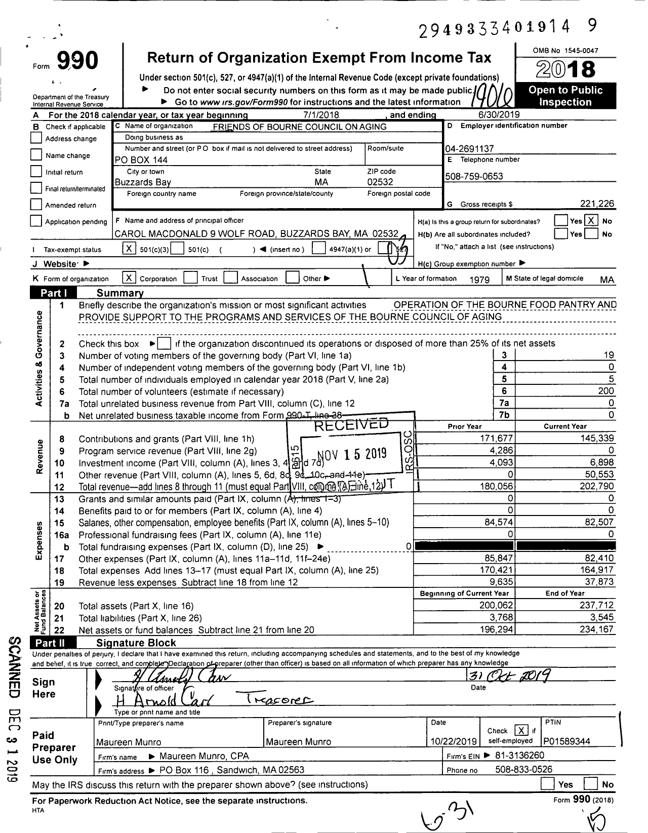 Image of first page of 2018 Form 990 for Friends of Bourne Council on Aging