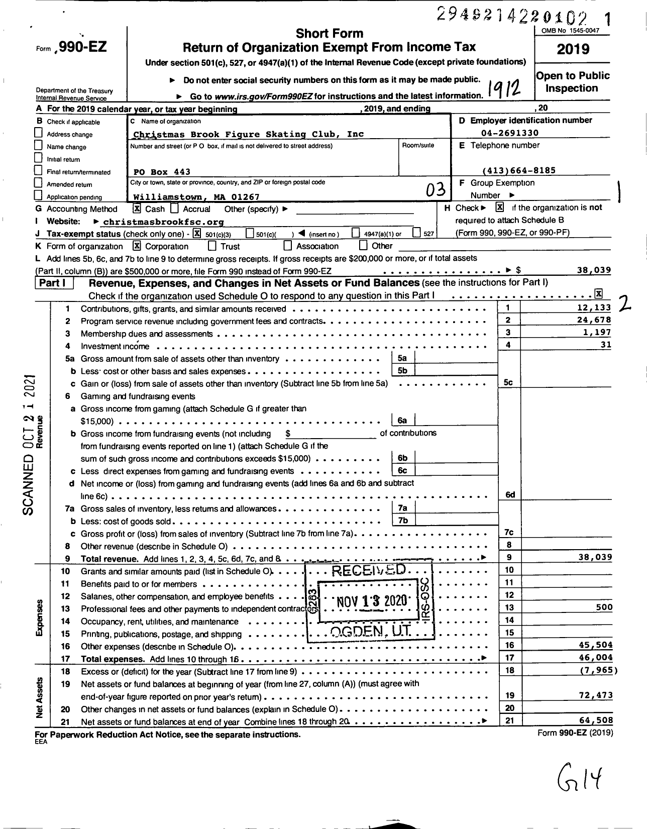 Image of first page of 2019 Form 990EZ for Christmas Brook Figure Skating Club