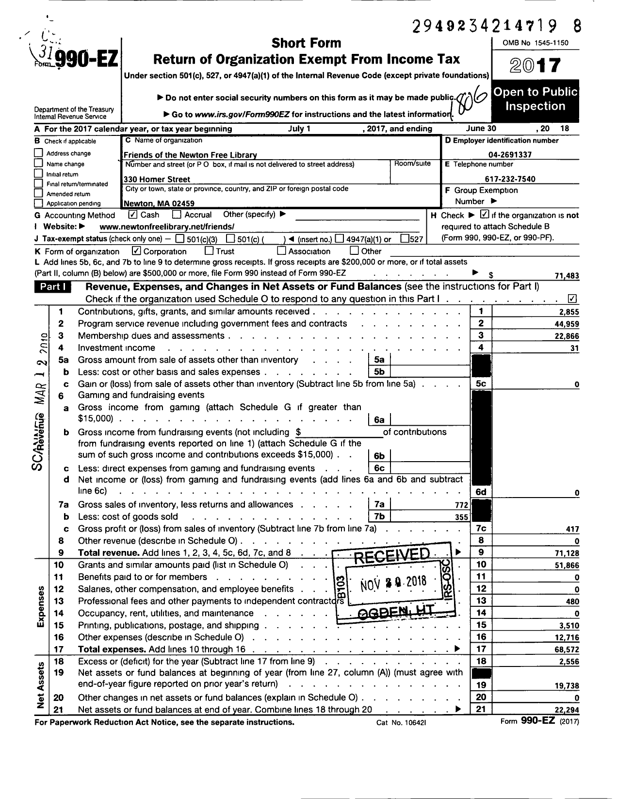 Image of first page of 2017 Form 990EO for Friends of the Newton Free Library