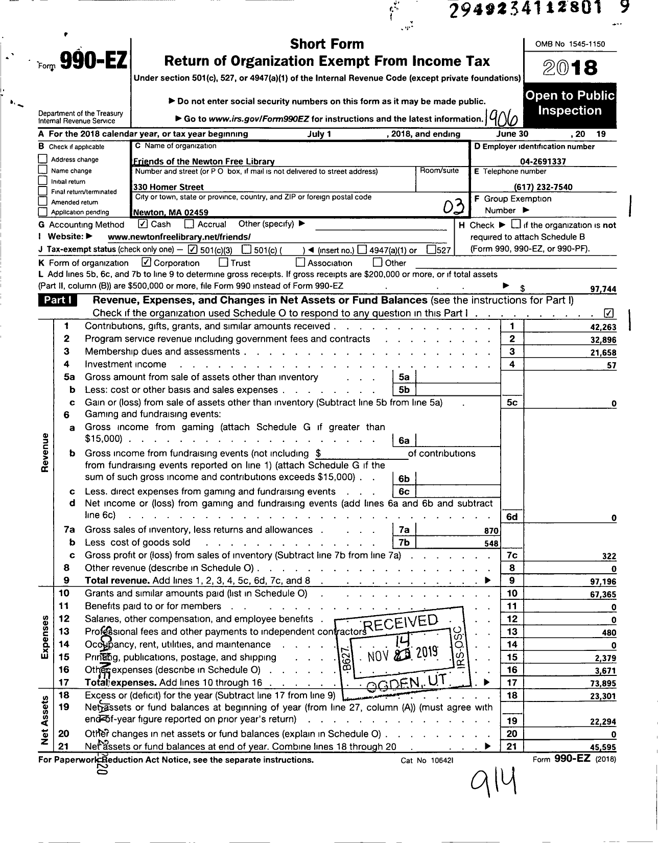 Image of first page of 2018 Form 990EZ for Friends of the Newton Free Library