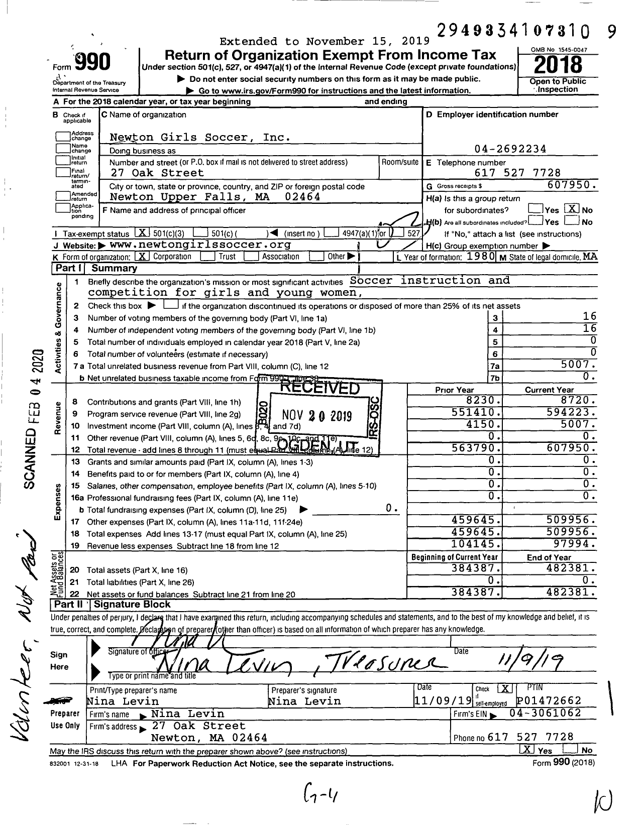 Image of first page of 2018 Form 990 for Newton Girls Soccer