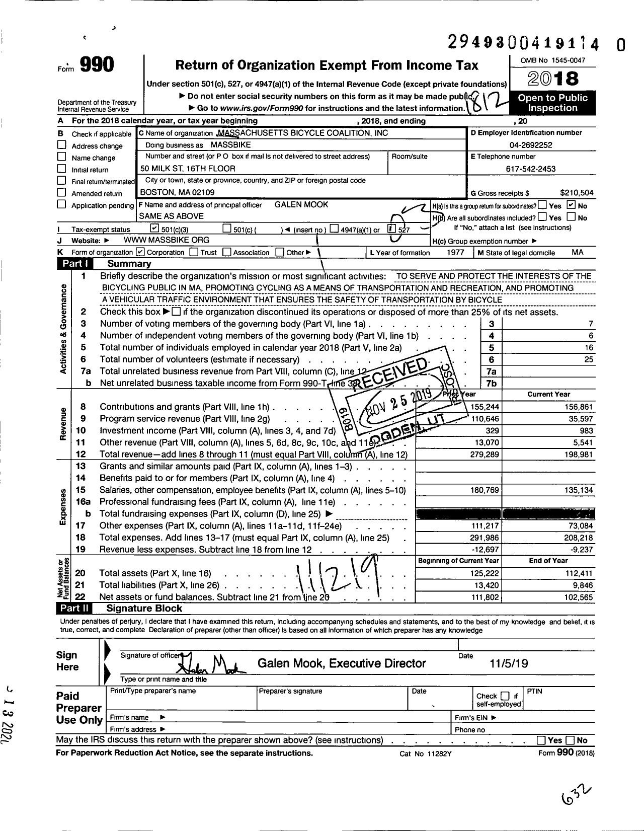 Image of first page of 2018 Form 990 for Massachusetts Bicycle Coalition Incorporated
